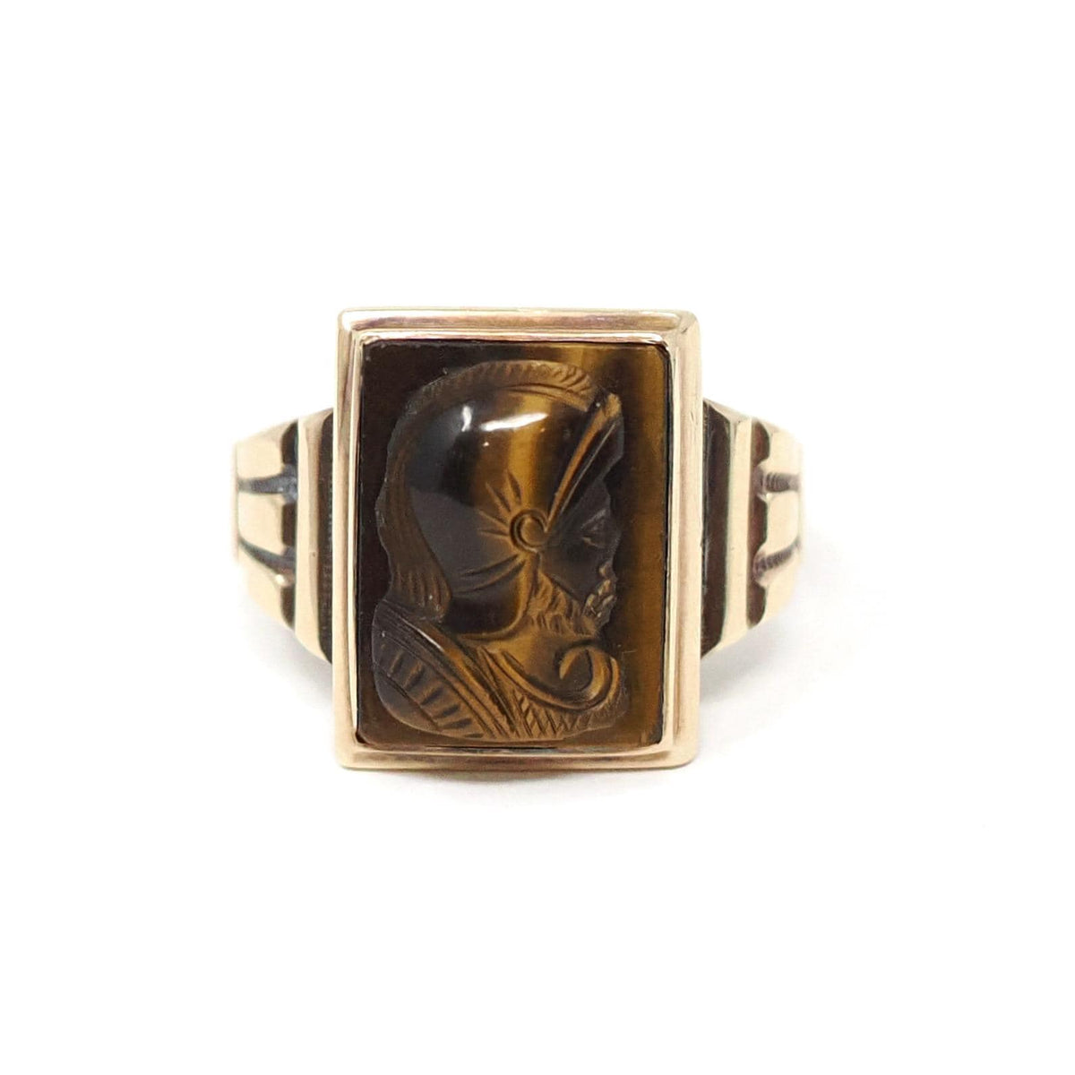 Tiger's Eye Ring - Mid Century 10k Yellow Gold Natural Carved Warrior Brown Gemstone - Vintage Circa 1940s Size 11 Statement Fine Jewelry