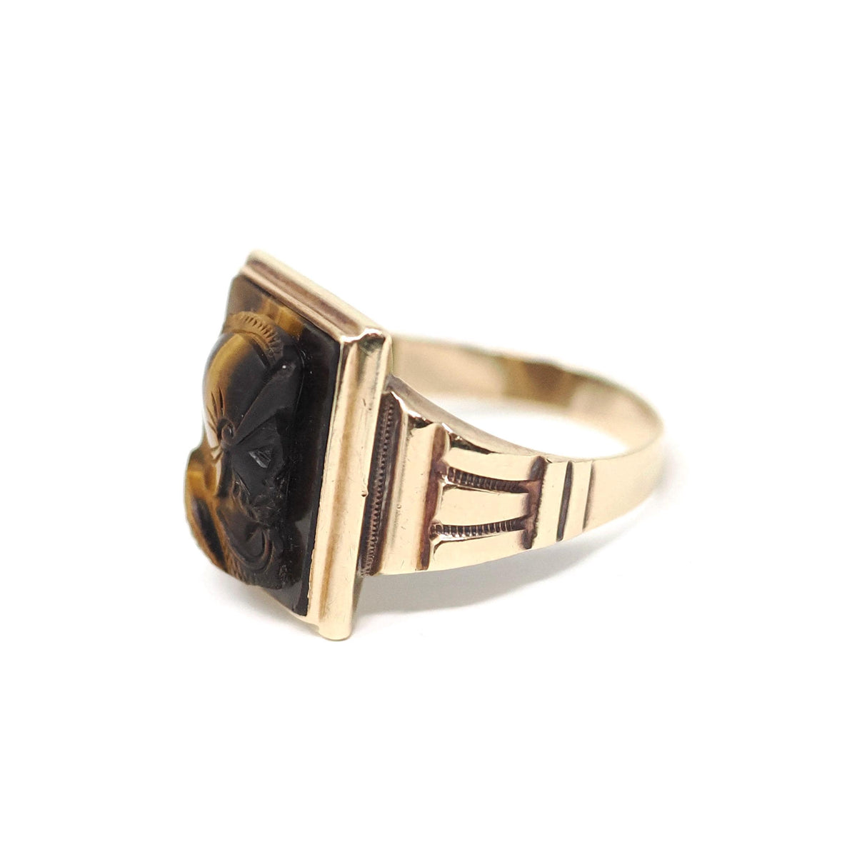Tiger's Eye Ring - Mid Century 10k Yellow Gold Natural Carved Warrior Brown Gemstone - Vintage Circa 1940s Size 11 Statement Fine Jewelry