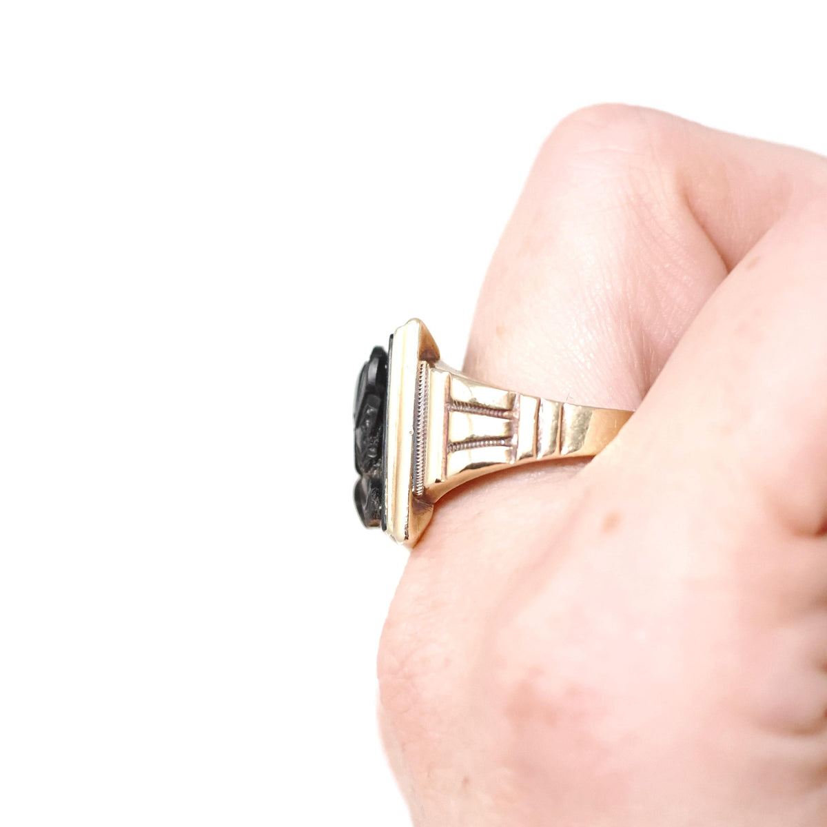 Tiger's Eye Ring - Mid Century 10k Yellow Gold Natural Carved Warrior Brown Gemstone - Vintage Circa 1940s Size 11 Statement Fine Jewelry