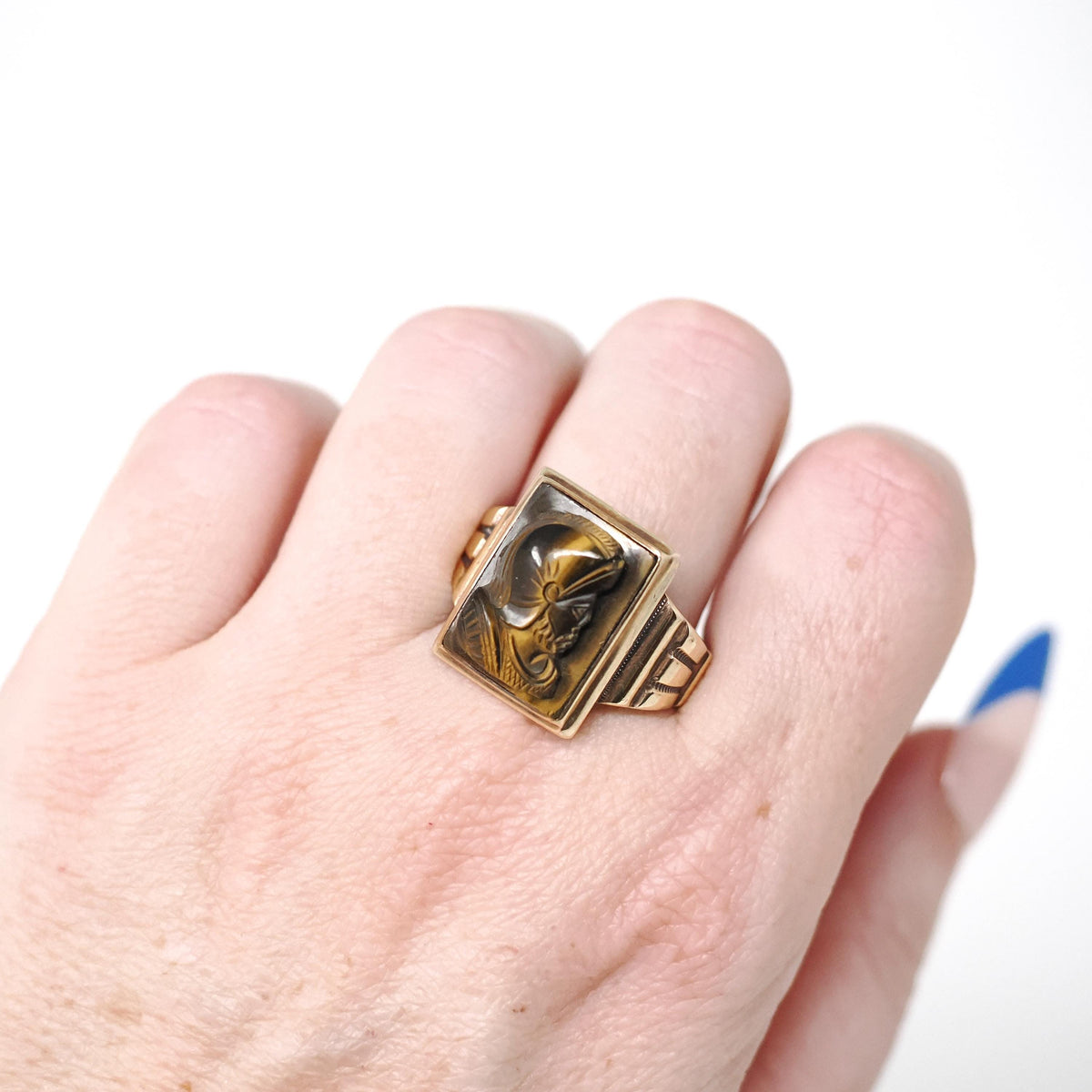 Tiger's Eye Ring - Mid Century 10k Yellow Gold Natural Carved Warrior Brown Gemstone - Vintage Circa 1940s Size 11 Statement Fine Jewelry