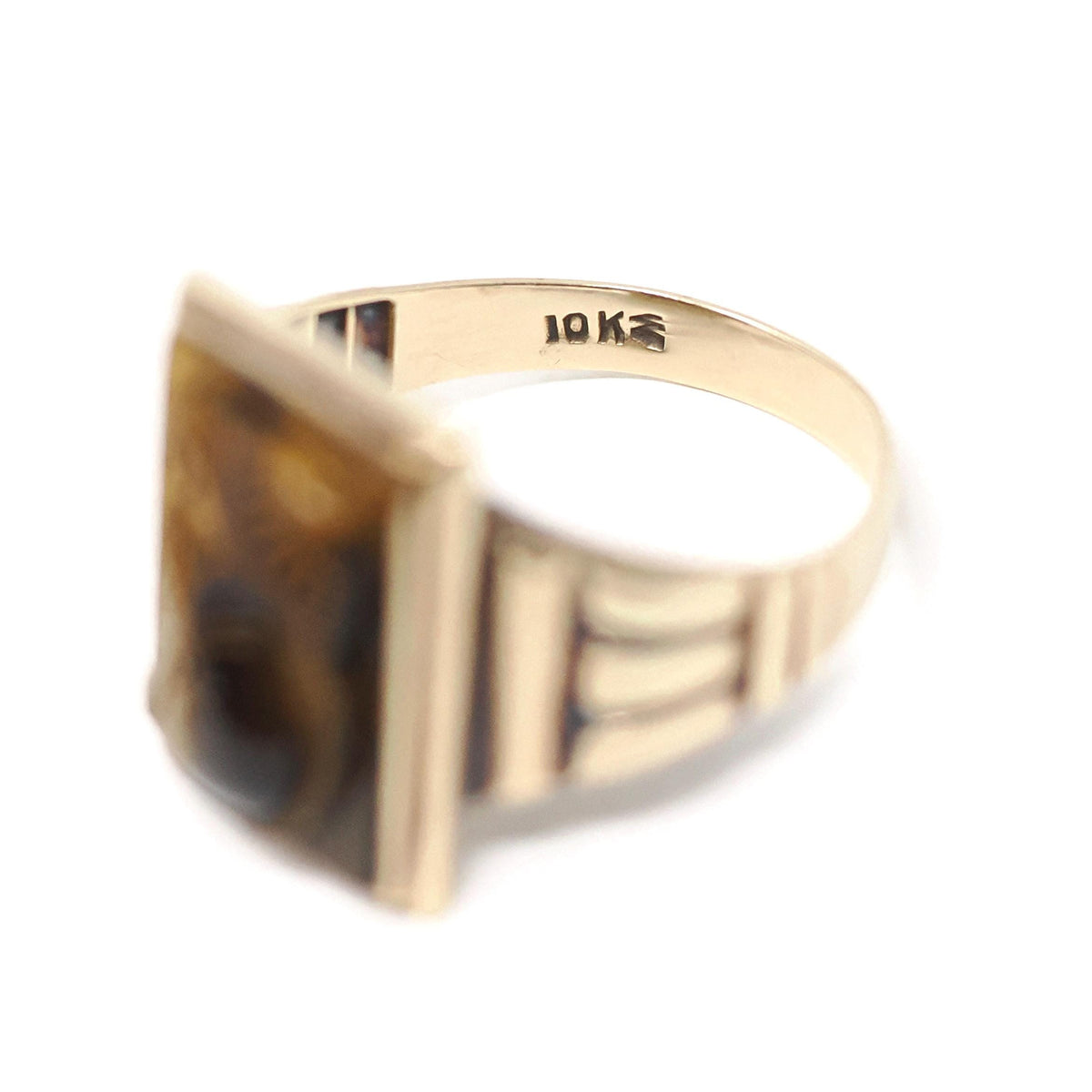 Tiger's Eye Ring - Mid Century 10k Yellow Gold Natural Carved Warrior Brown Gemstone - Vintage Circa 1940s Size 11 Statement Fine Jewelry