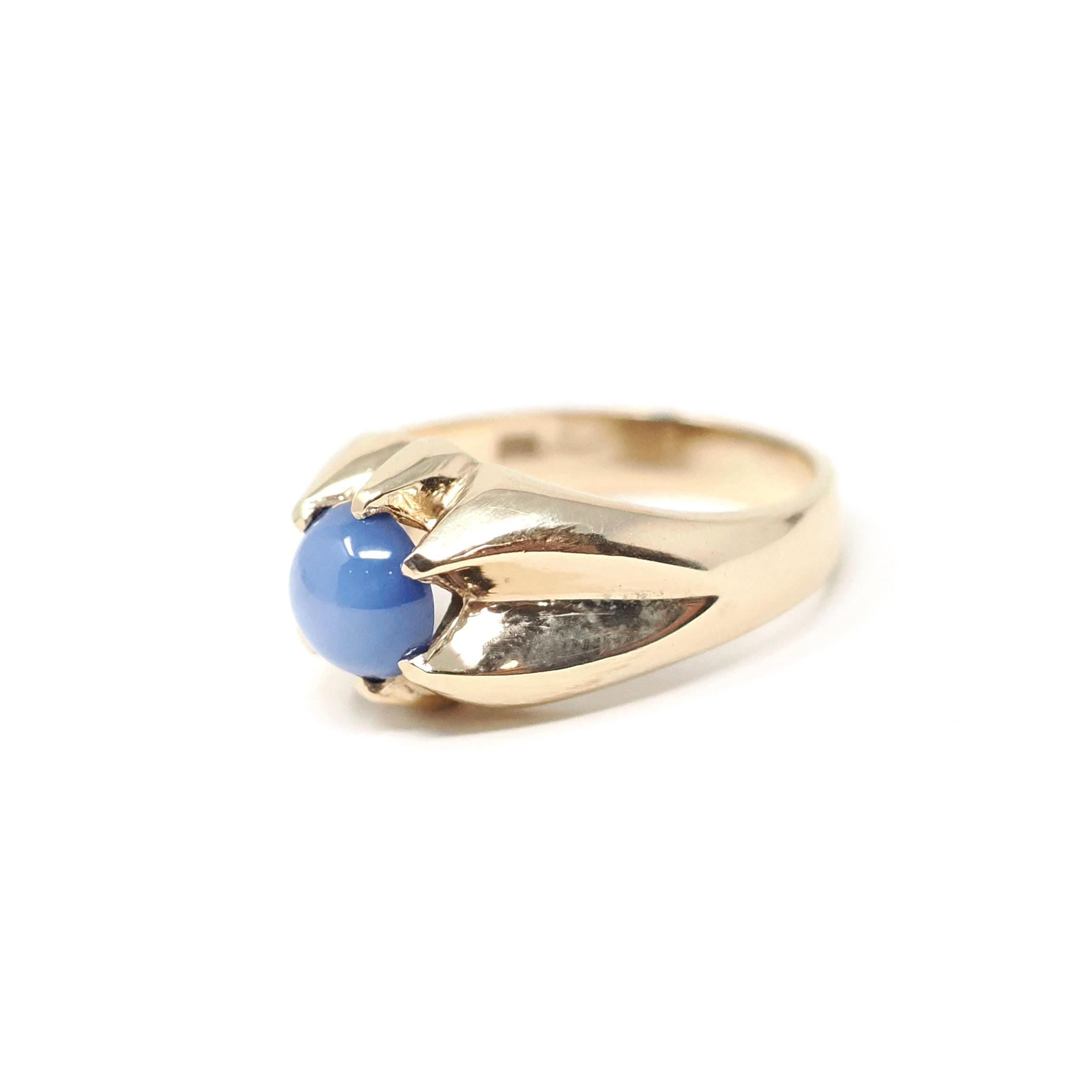 Created Star Sapphire Ring - Mid Century 10k Yellow Gold Blue Stone Statement - Vintage Circa 1940s Size 8 3/4 September Birthstone Jewelry