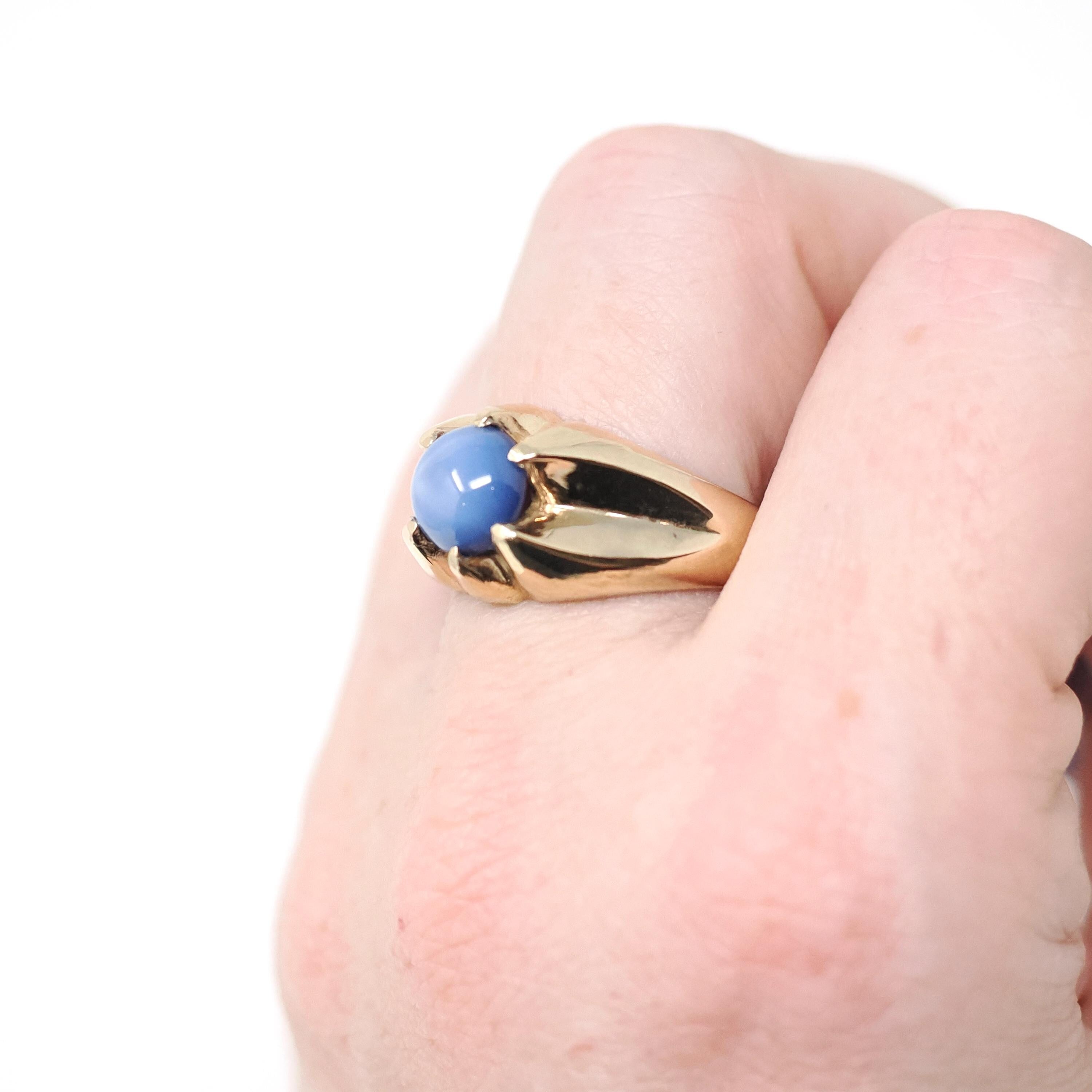 Created Star Sapphire Ring - Mid Century 10k Yellow Gold Blue Stone Statement - Vintage Circa 1940s Size 8 3/4 September Birthstone Jewelry
