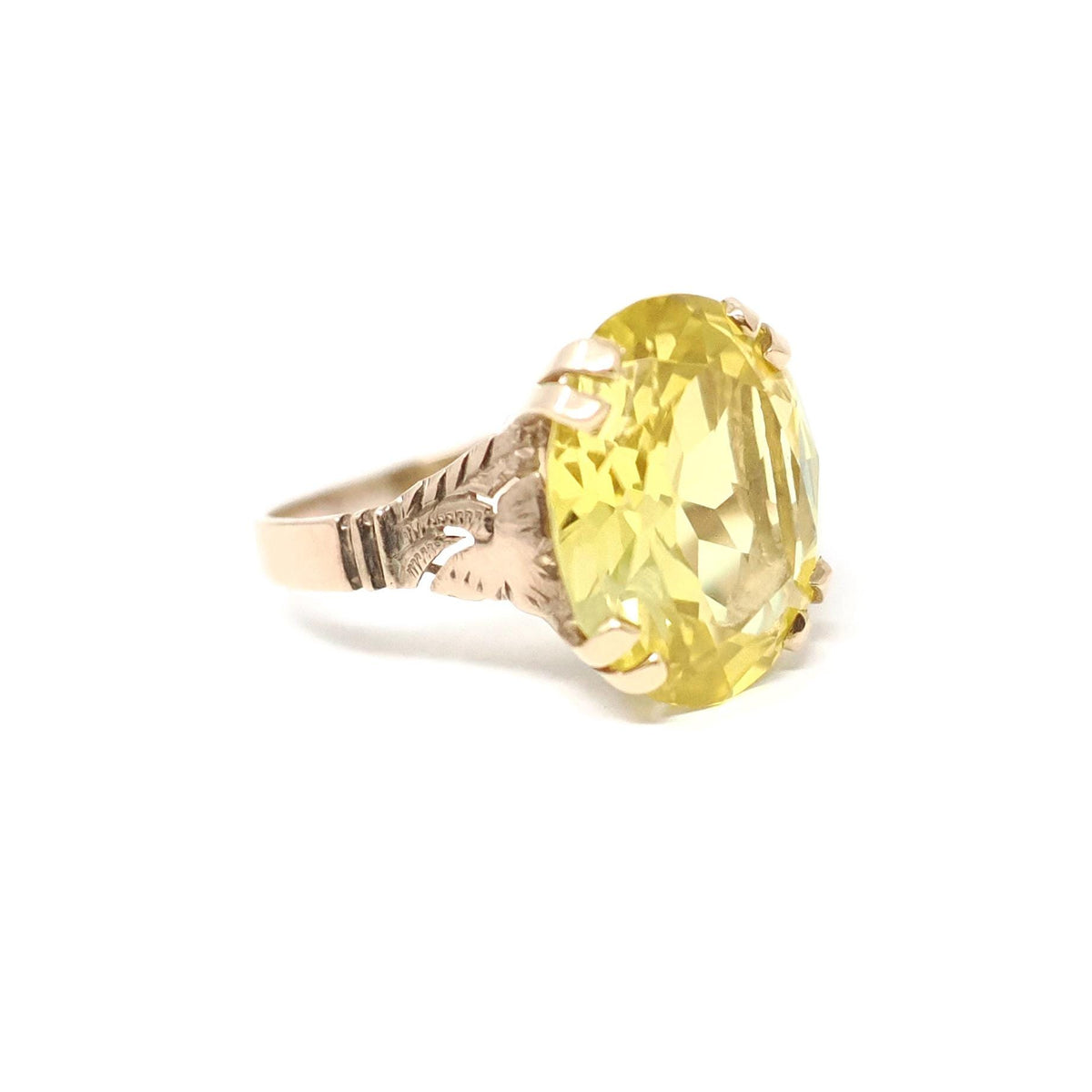 Vintage Created Yellow Sapphire Ring - Retro 10k Rosy Yellow Gold Oval Solitaire Gemstone - Circa 1940s Size 5 1/4 Statement Fine Jewelry