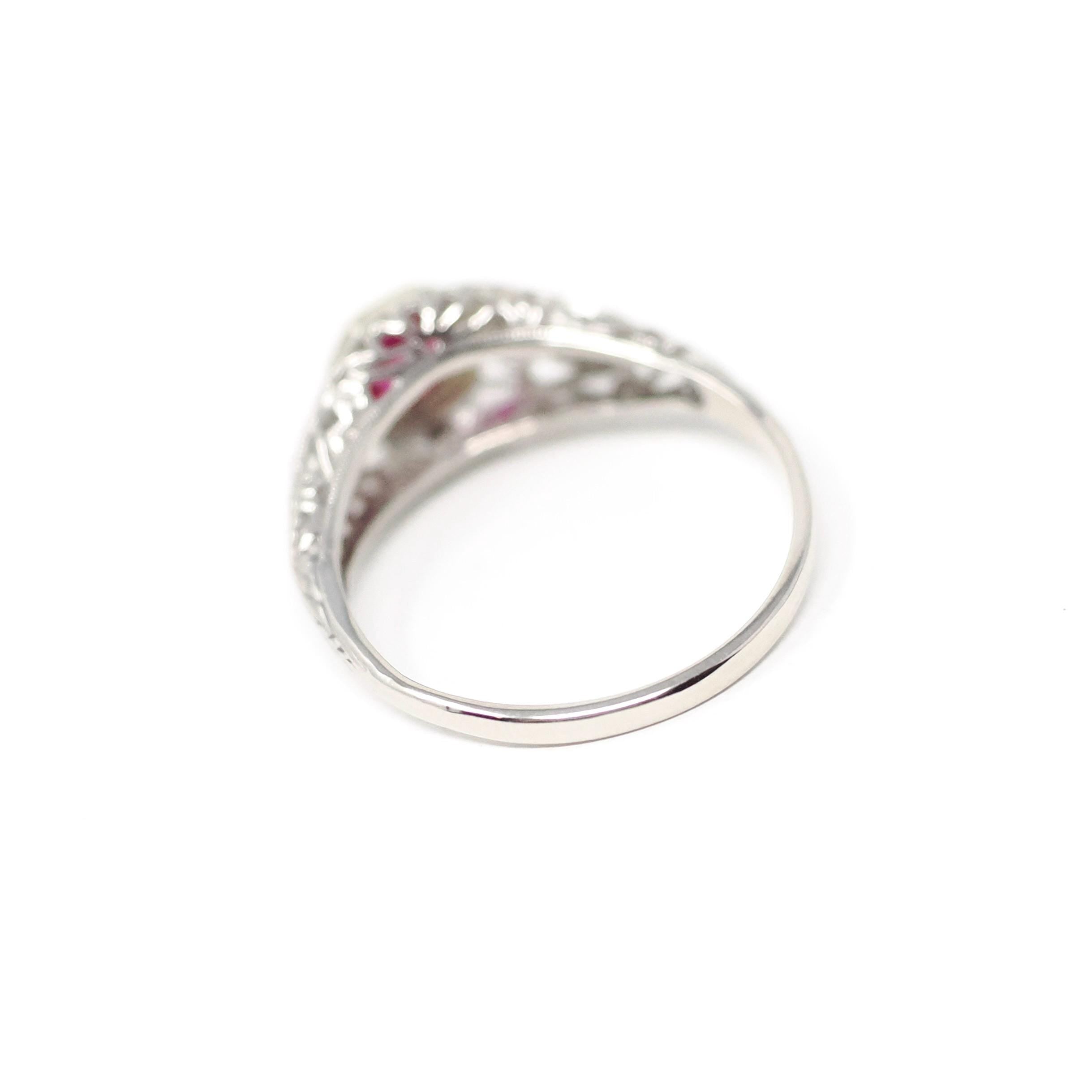 Art Deco Ring - Vintage Platinum 14k White Gold Red Created Ruby & Diamonds - Circa 1930s Era Size 7 July Birthstone Fine Filigree Jewelry