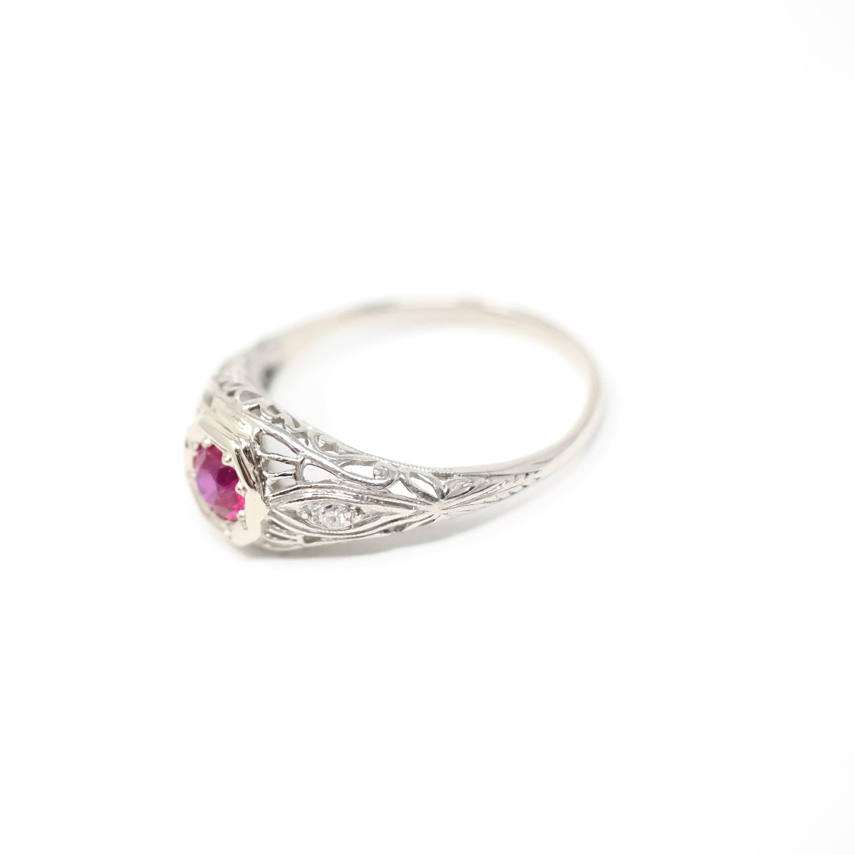 Art Deco Ring - Vintage Platinum 14k White Gold Red Created Ruby & Diamonds - Circa 1930s Era Size 7 July Birthstone Fine Filigree Jewelry
