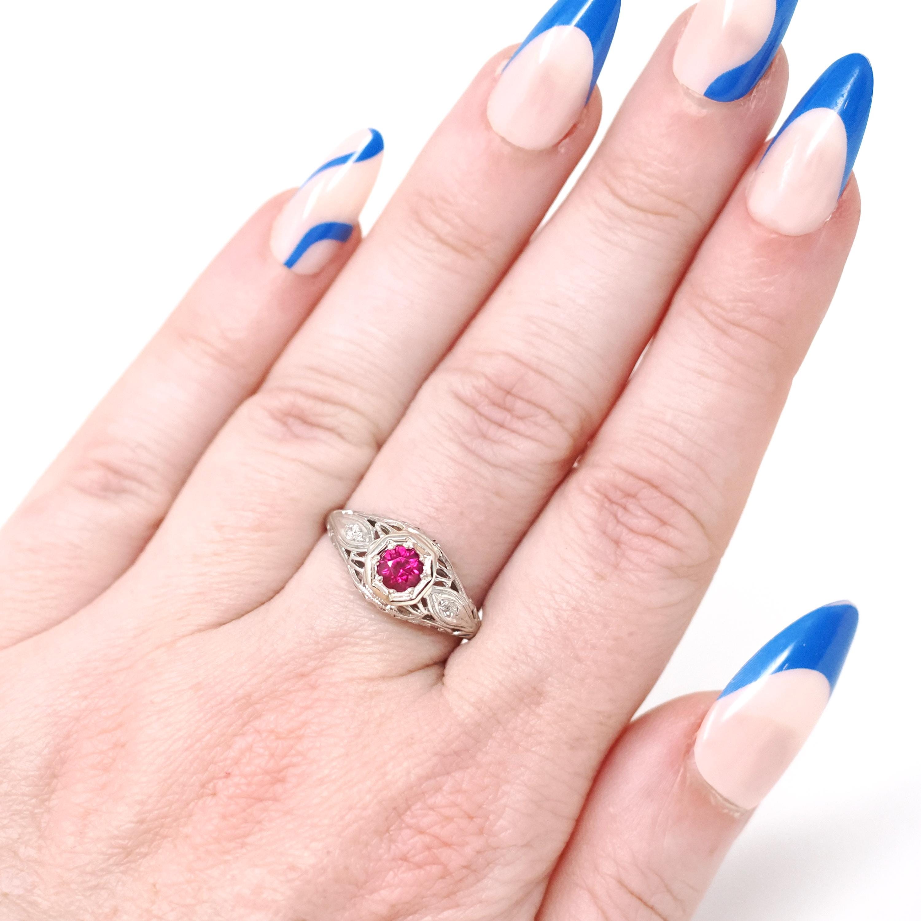 Art Deco Ring - Vintage Platinum 14k White Gold Red Created Ruby & Diamonds - Circa 1930s Era Size 7 July Birthstone Fine Filigree Jewelry