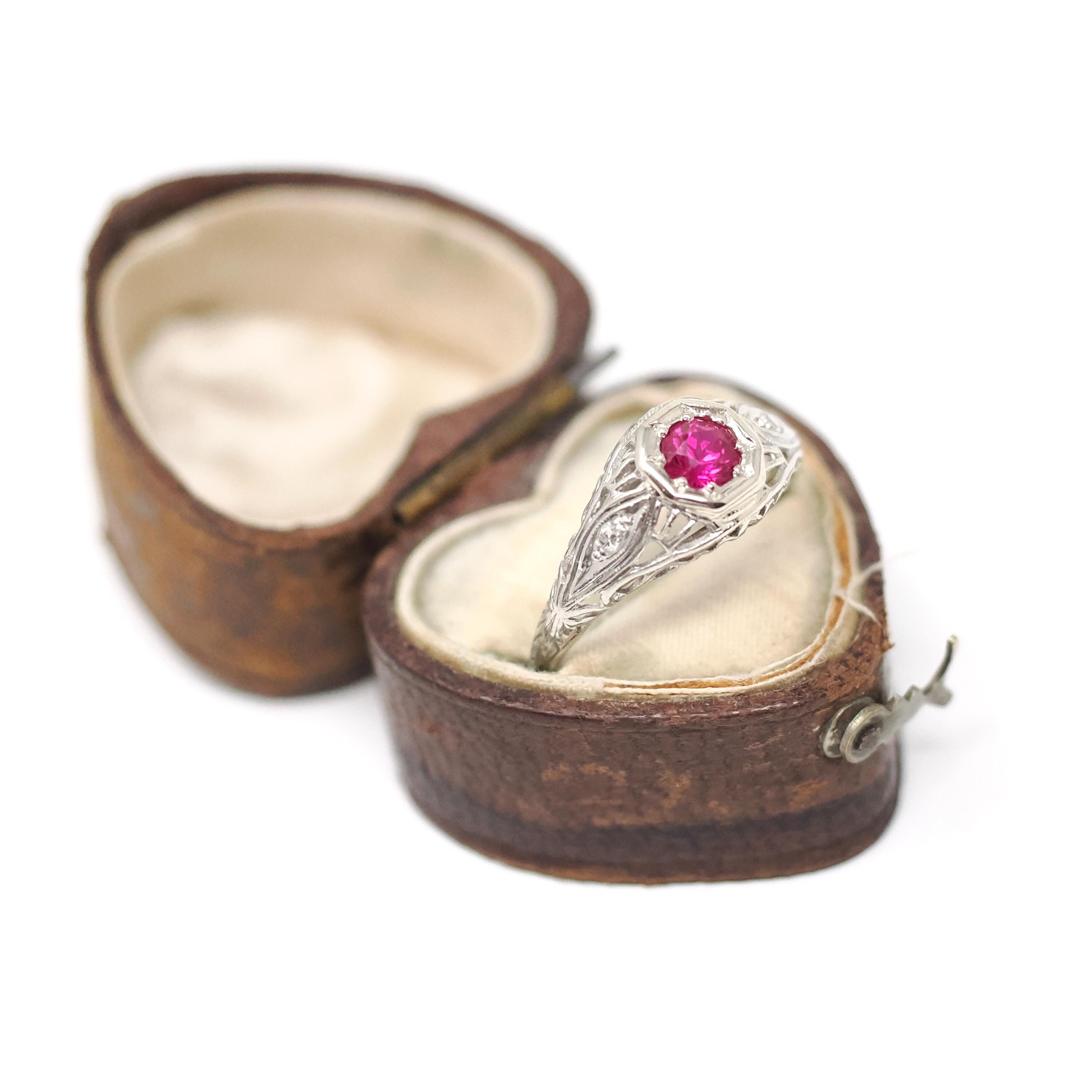 Art Deco Ring - Vintage Platinum 14k White Gold Red Created Ruby & Diamonds - Circa 1930s Era Size 7 July Birthstone Fine Filigree Jewelry