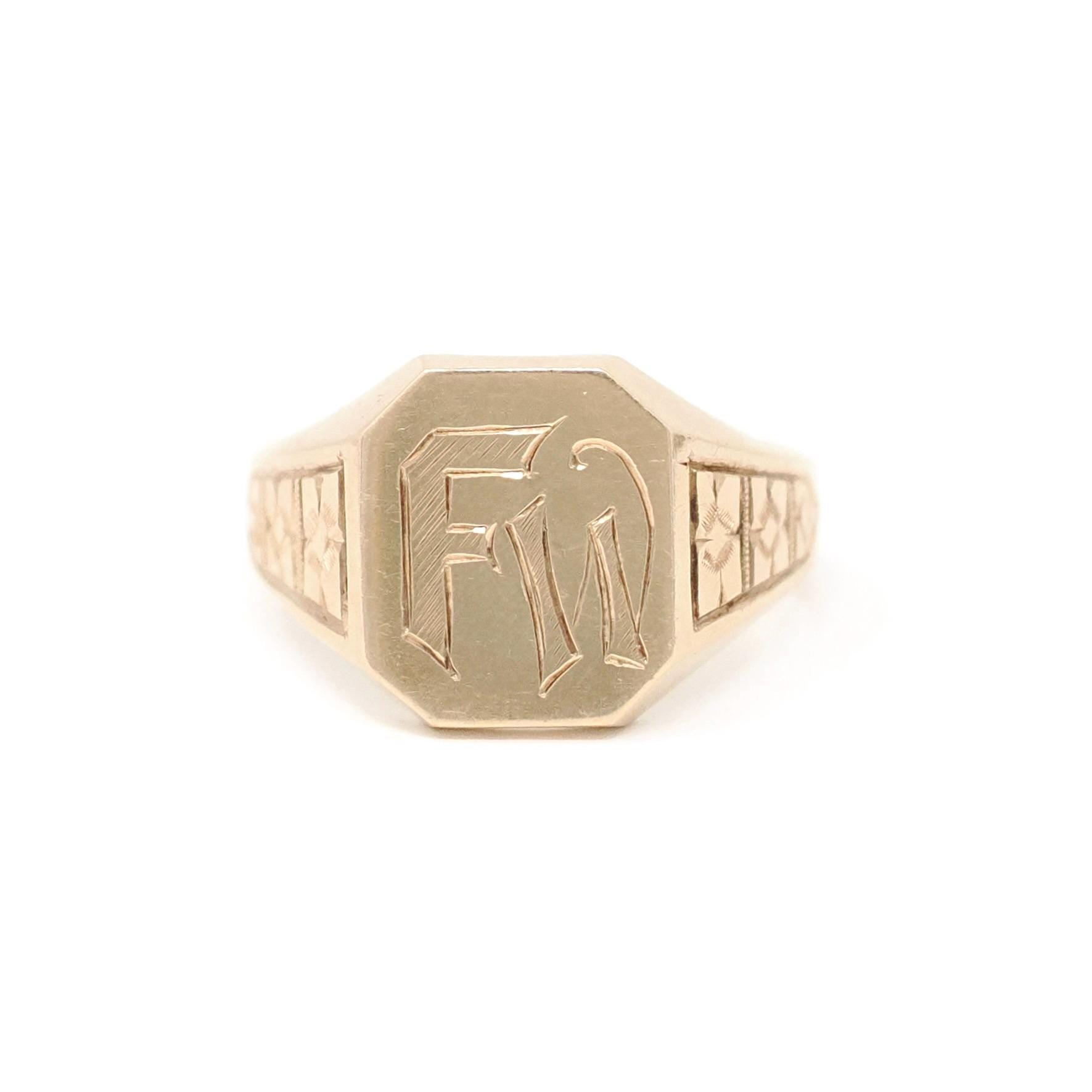 Antique "FW" Signet Ring - Art Deco 10k Yellow Gold Engraved Letter Initial Men's Unisex Statement - Vintage 1920s Size 11 1/4 Fine Jewelry