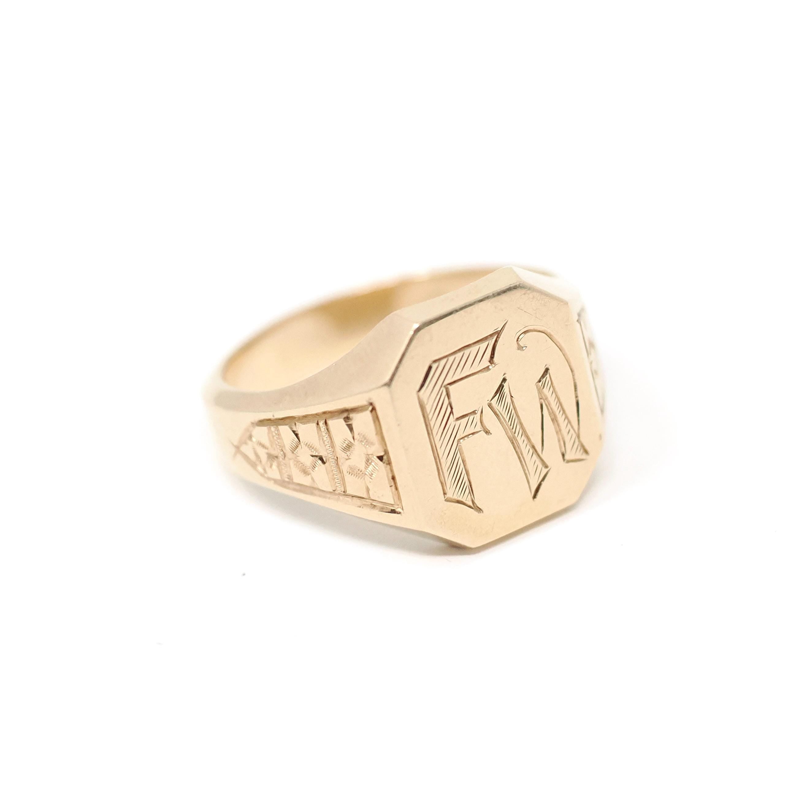 Antique "FW" Signet Ring - Art Deco 10k Yellow Gold Engraved Letter Initial Men's Unisex Statement - Vintage 1920s Size 11 1/4 Fine Jewelry