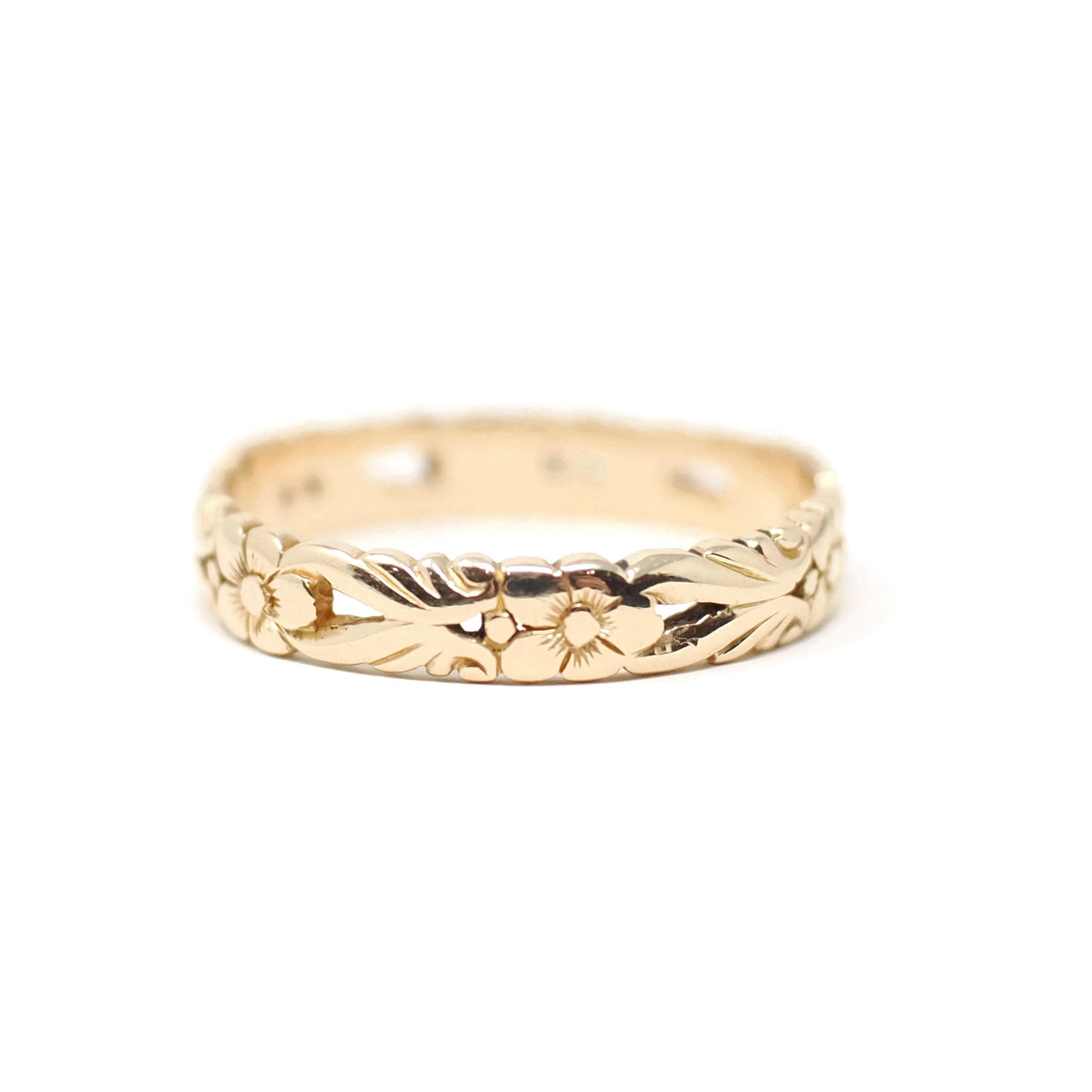 Vintage Floral Band - Mid Century Era 14k Yellow Gold Men's Unisex Flower Wedding Ring - Circa 1960s Nature Art Nouveau Size 11 Fine Jewelry