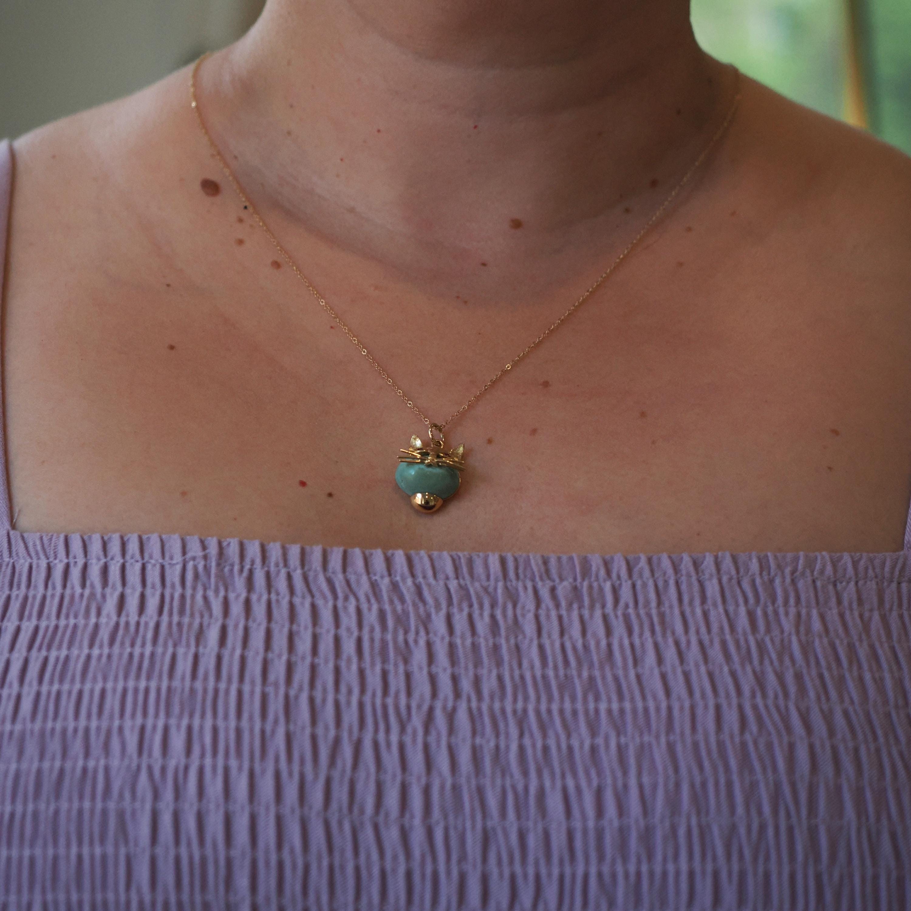 Vintage Cat Pendant - Retro 18k Yellow Gold Large Turquoise & Created Pink Sapphires Charm Necklace - Circa 1960s Animal Fine Feline Jewelry