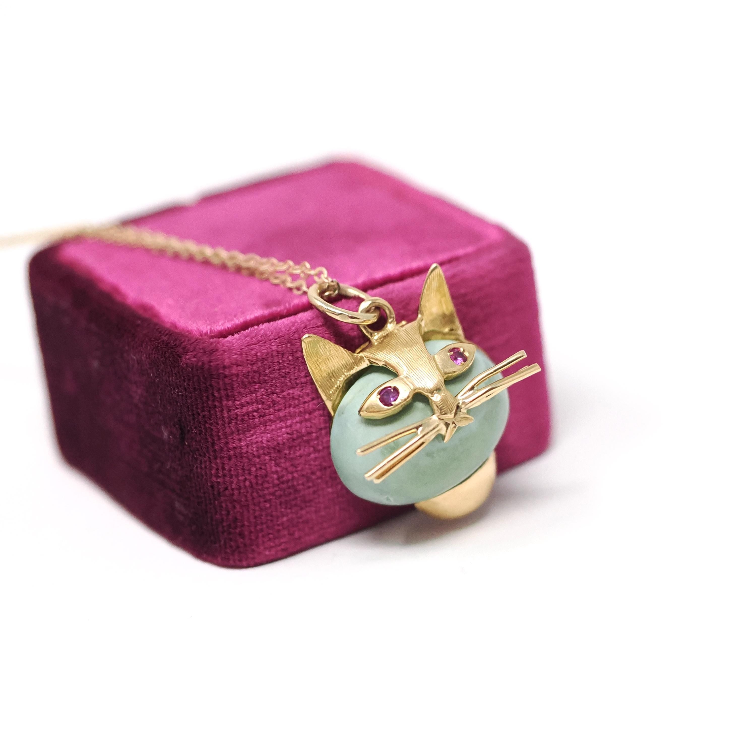 Vintage Cat Pendant - Retro 18k Yellow Gold Large Turquoise & Created Pink Sapphires Charm Necklace - Circa 1960s Animal Fine Feline Jewelry