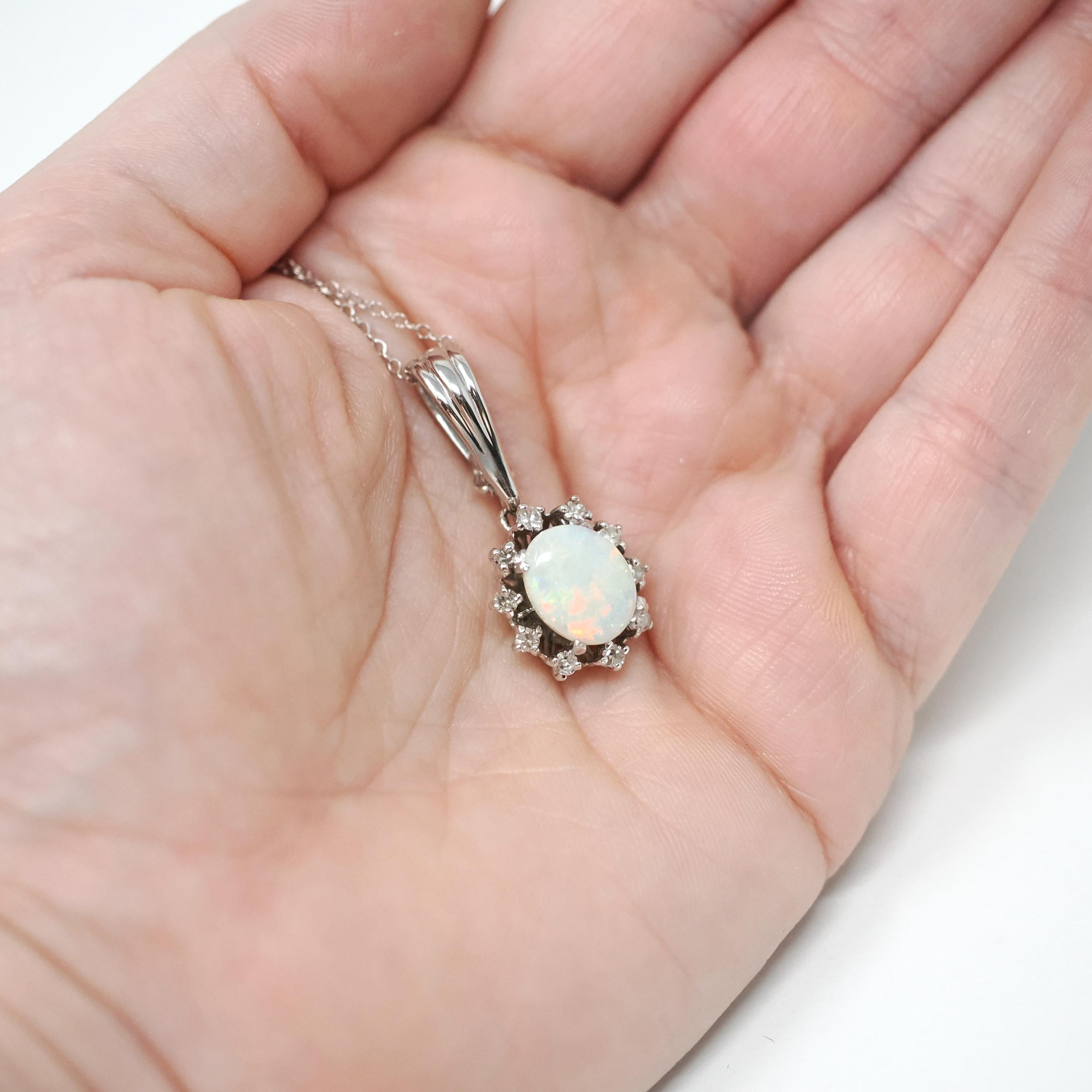 Opal & Diamond Necklace - Estate 14k White Gold Natural .30 CTW Halo Cluster Pendant - Modern Circa 2000s Era October Birthstone Jewelry