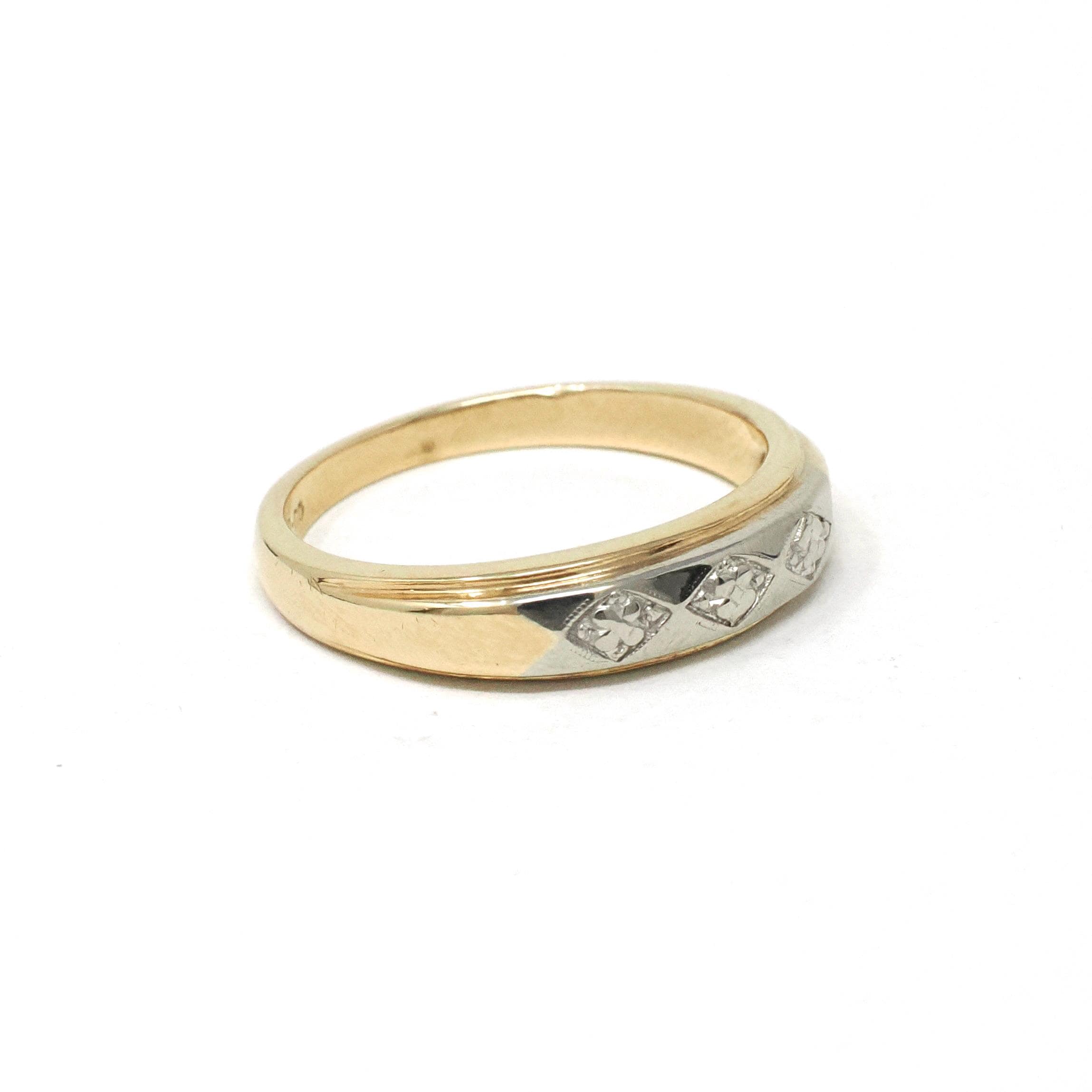 Vintage Orange Blossom Band - Retro 14k Yellow & White Gold Unisex Tapered Wedding Ring - Circa 1970s Size 9 Two Tone Stacking Fine Jewelry
