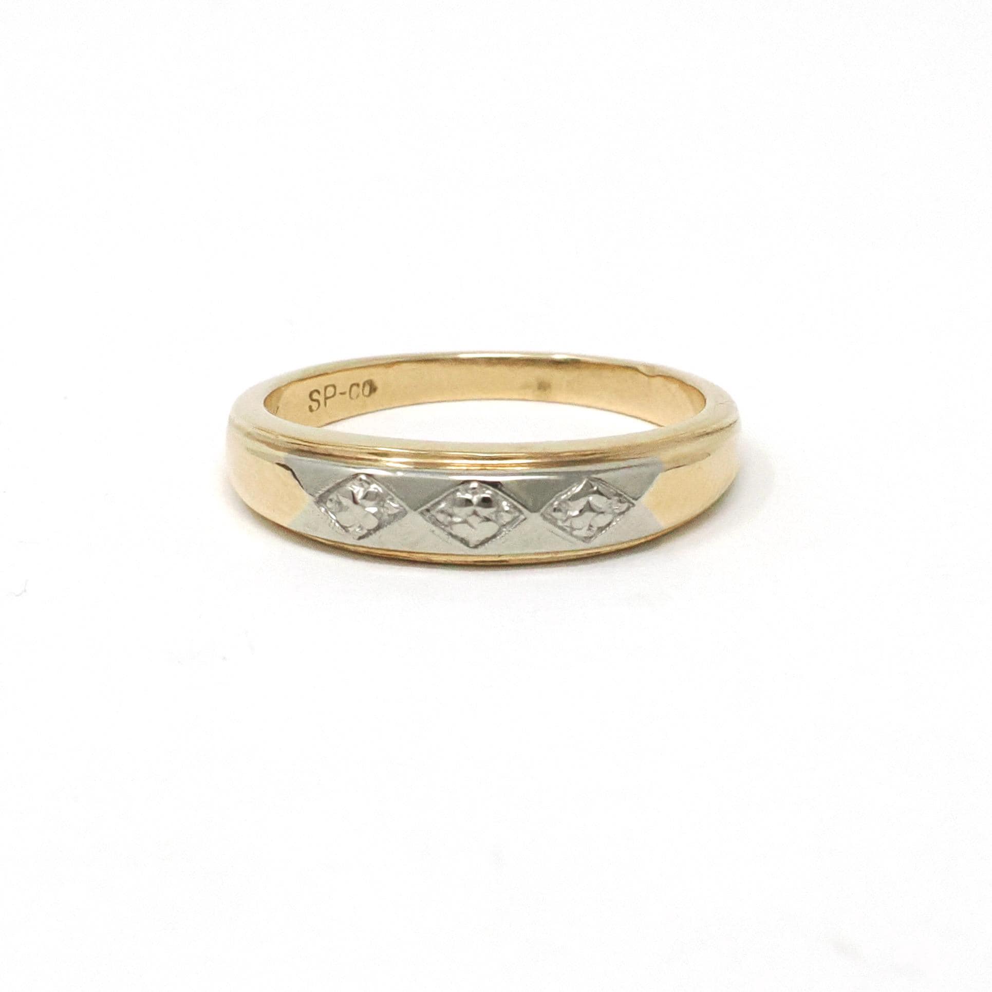 Vintage Orange Blossom Band - Retro 14k Yellow & White Gold Unisex Tapered Wedding Ring - Circa 1970s Size 9 Two Tone Stacking Fine Jewelry