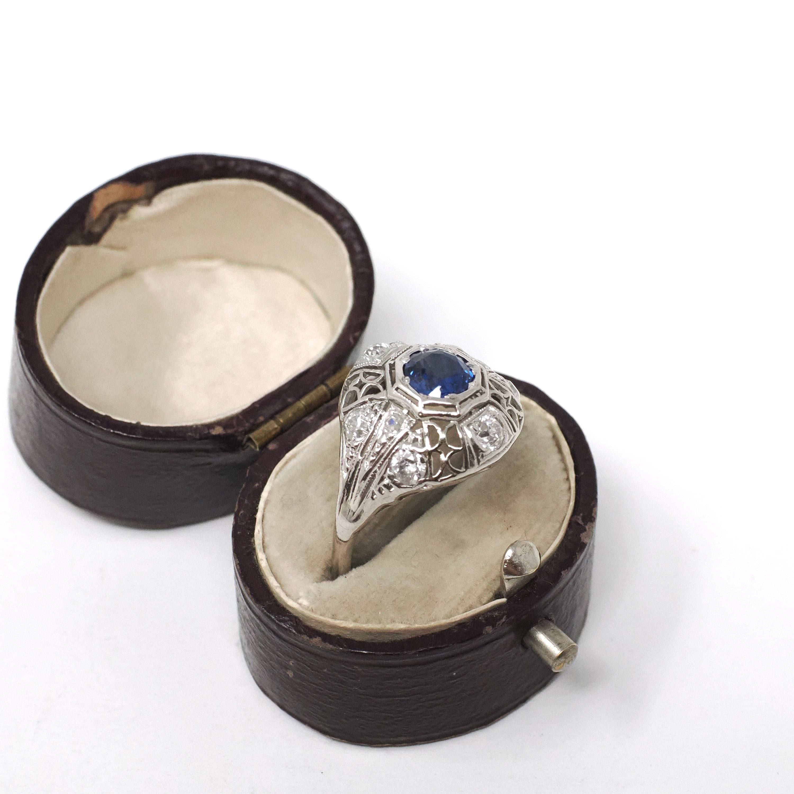 Antique Art Deco Ring - Vintage Platinum Filigree Natural Diamonds & Created Blue Sapphire Dome Engagement - Circa 1920s Size 7 Fine Jewelry