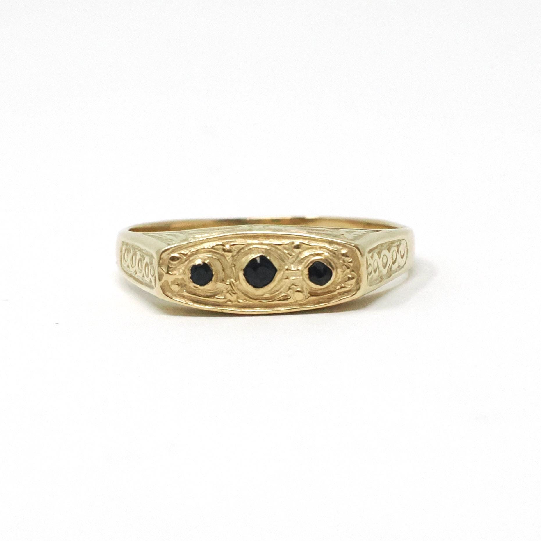 Vintage Style Sapphire Ring - Modern 14k Yellow Gold Three Blue Gemstone Band - Estate Size 6 1/2 Dainty Petite Unisex Wedding Fine Jewelry