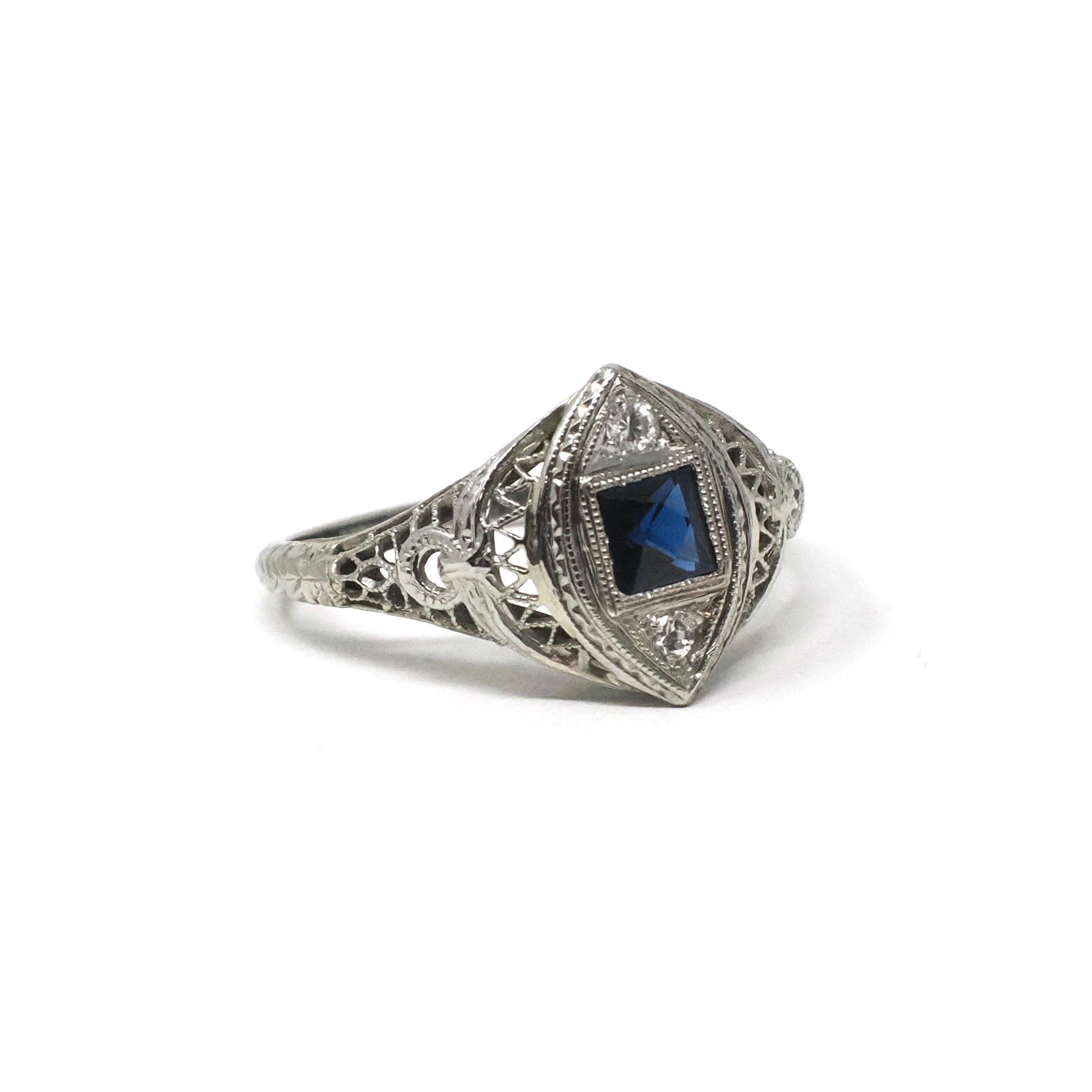 Art Deco Ring - Vintage 18k White Gold Created Sapphire & Simulated Diamonds - Circa 1920s Size 7 Filigree Fine Dainty Navette Jewelry