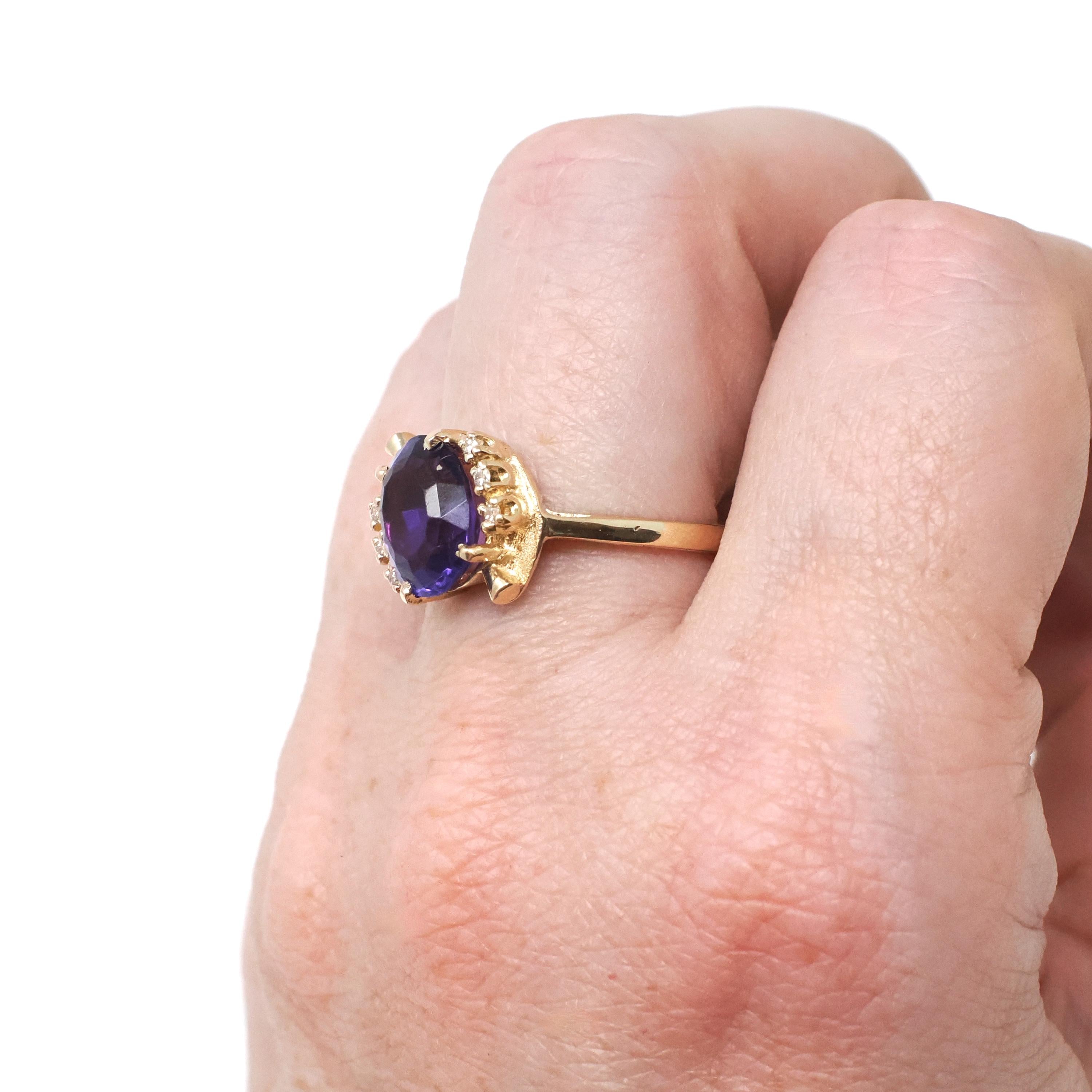 Amethyst & Diamond Ring - Estate 14k Yellow Gold Oval Purple 2.40 CT Gem - Circa 1980s Era Size 7.25 February Birthstone Fine Bypass Jewelry