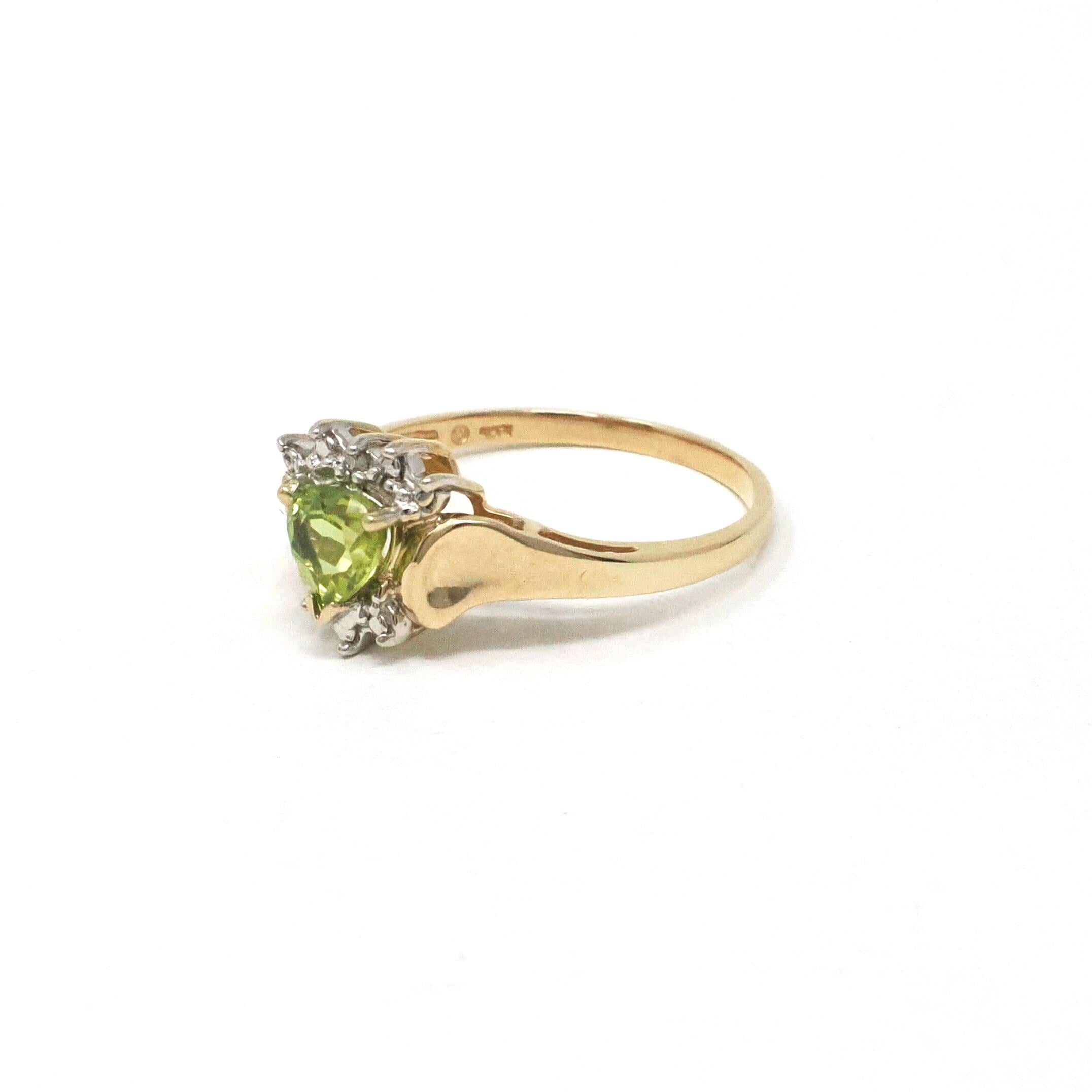 Peridot & Diamond Ring - Modern 10k Yellow And White Gold Light Green Heart Shaped Gemstone - Estate Size 6.5 August Birthstone Fine Jewelry