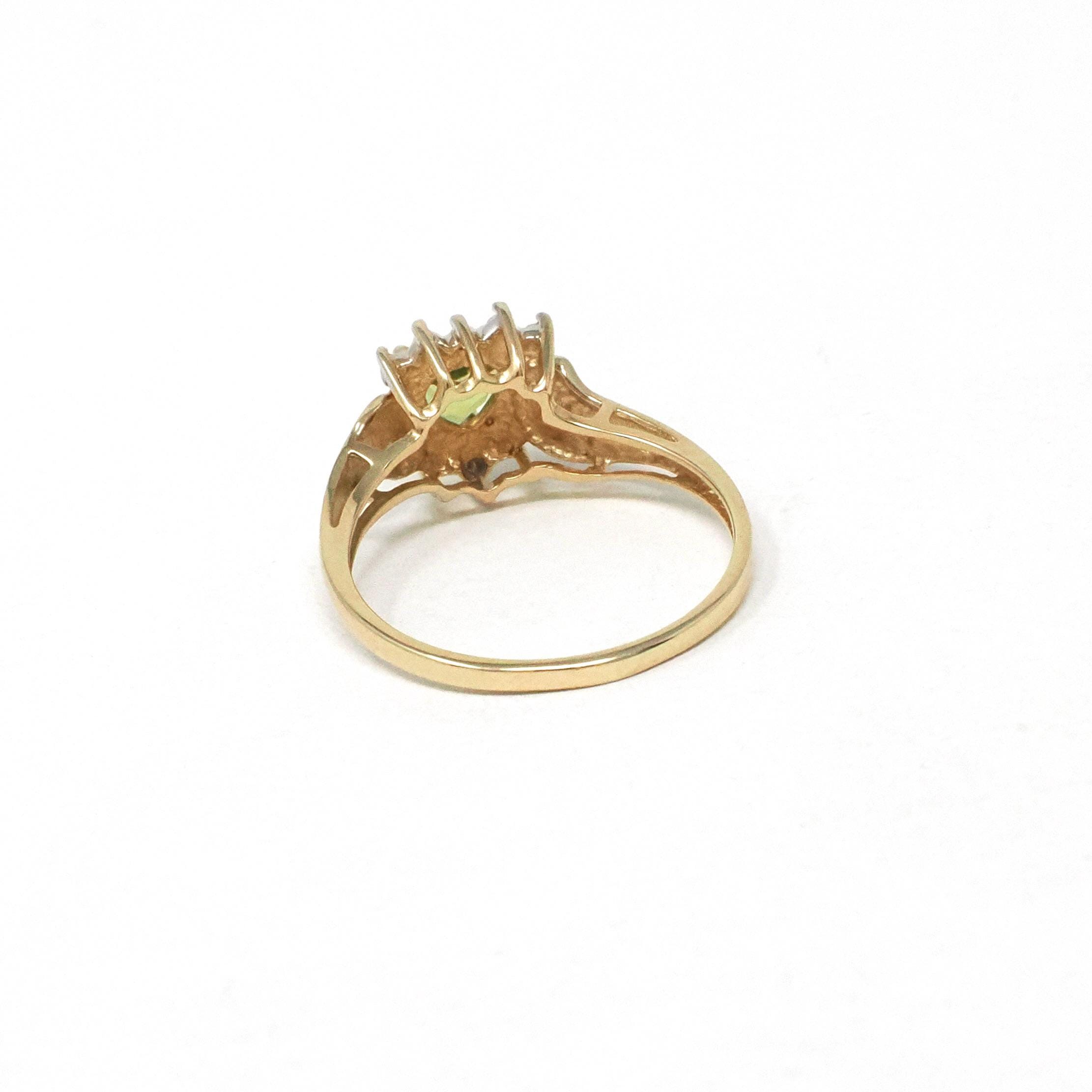 Peridot & Diamond Ring - Modern 10k Yellow And White Gold Light Green Heart Shaped Gemstone - Estate Size 6.5 August Birthstone Fine Jewelry