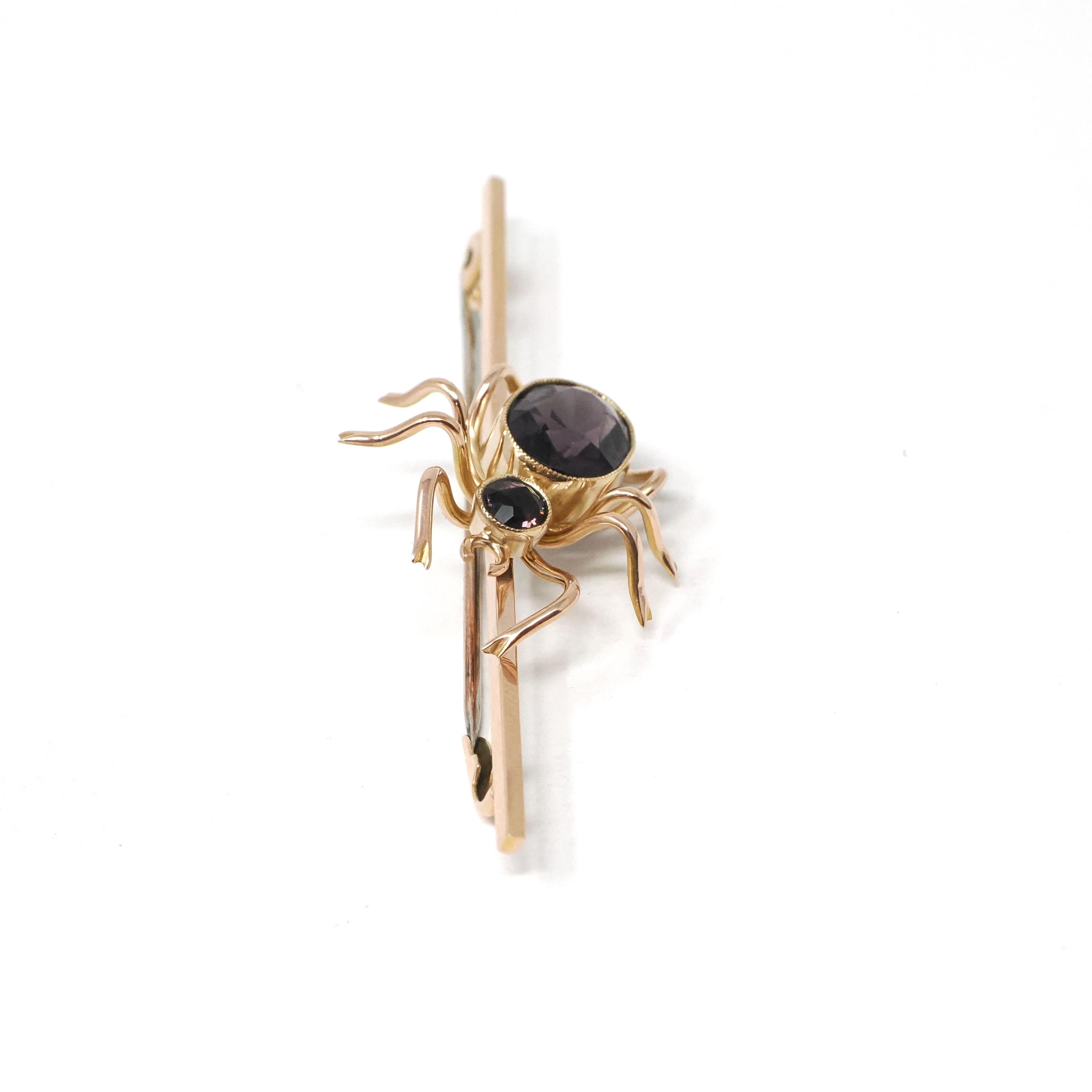 Antique Spider Brooch - Edwardian Era 9k Yellow Gold Simulated Purple Amethyst Glass Stones - Circa 1900s Arachnid Pin Fine Insect Accessory