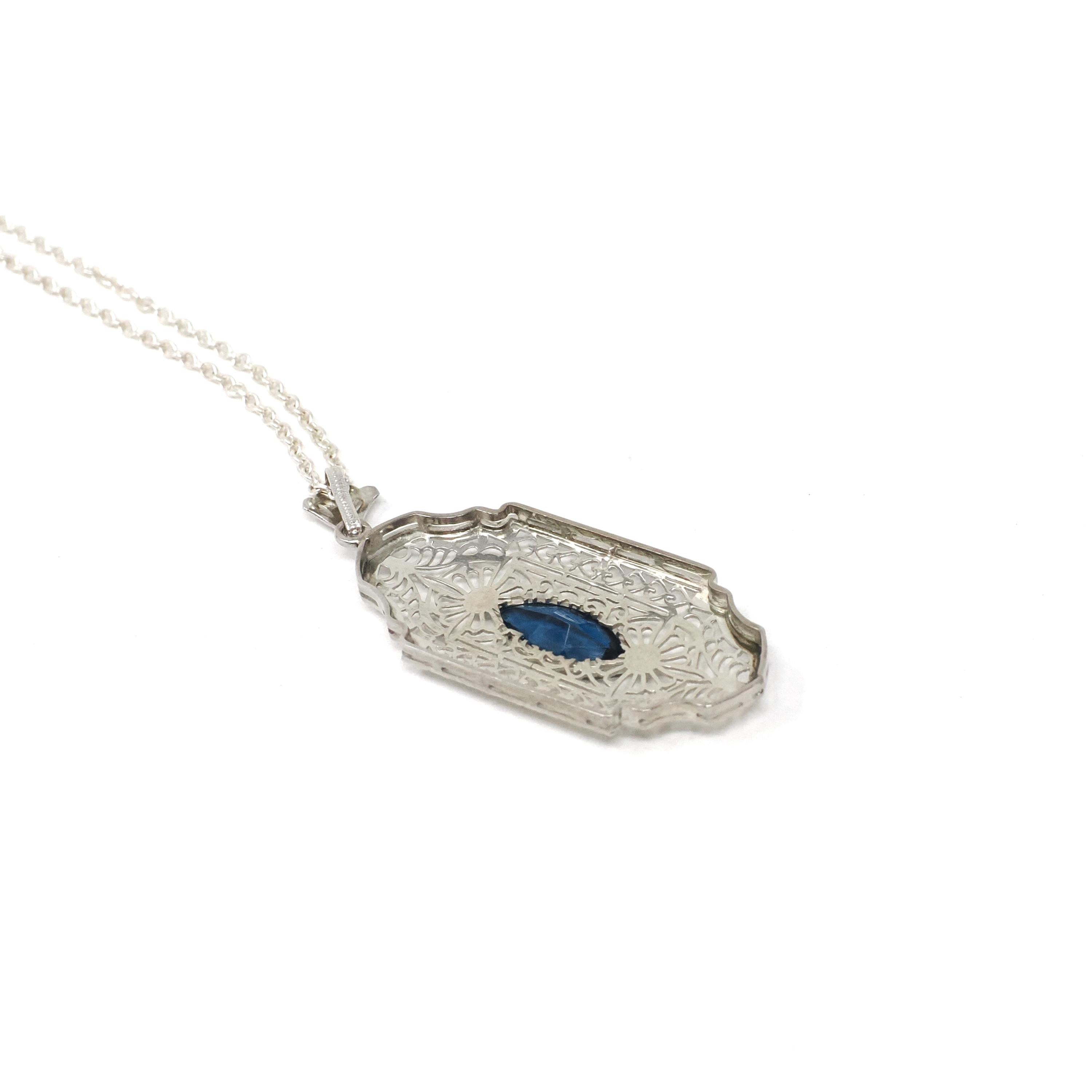 Art Deco Filigree Pendant - Vintage 10k White Gold Marquise Cut Simulated Blue Sapphire Gem - Circa 1930s Era Glass Fine Flapper Jewelry