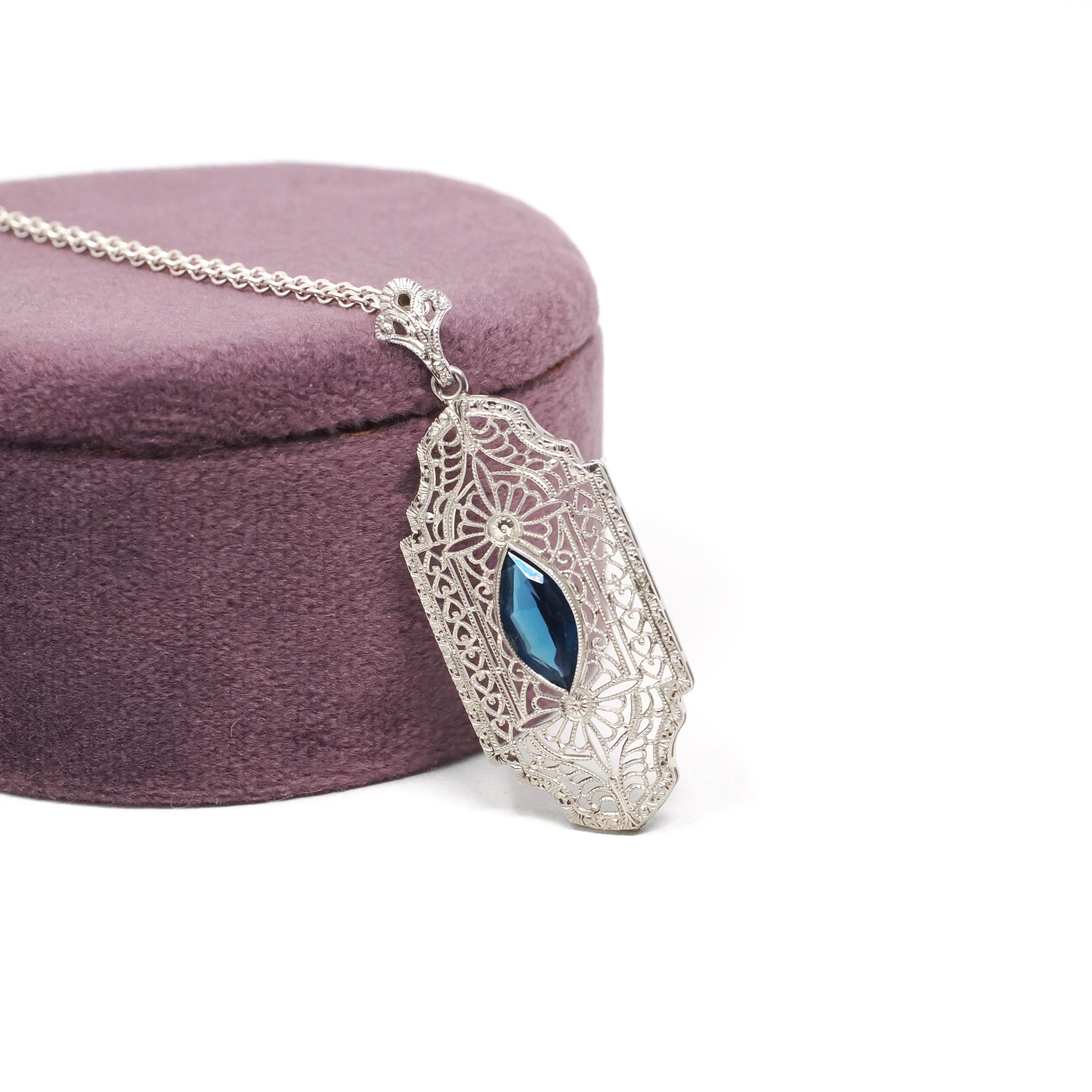 Art Deco Filigree Pendant - Vintage 10k White Gold Marquise Cut Simulated Blue Sapphire Gem - Circa 1930s Era Glass Fine Flapper Jewelry
