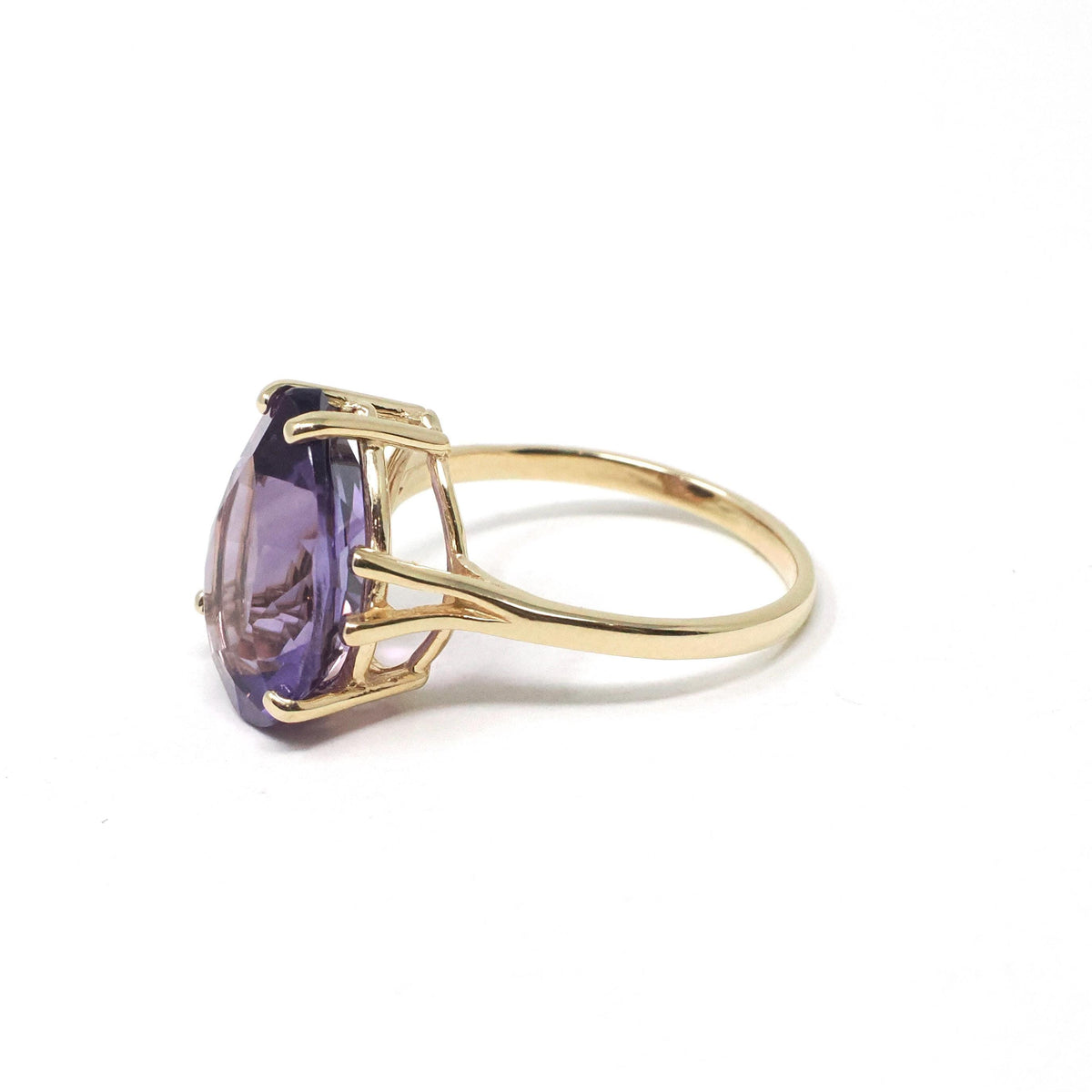 Amethyst Solitaire Ring - Modern 14k Yellow Gold Natural Pear Cut 8.00 CT Gemstone - Circa 2000s Size 9 1/4 February Birthstone Fine Jewelry