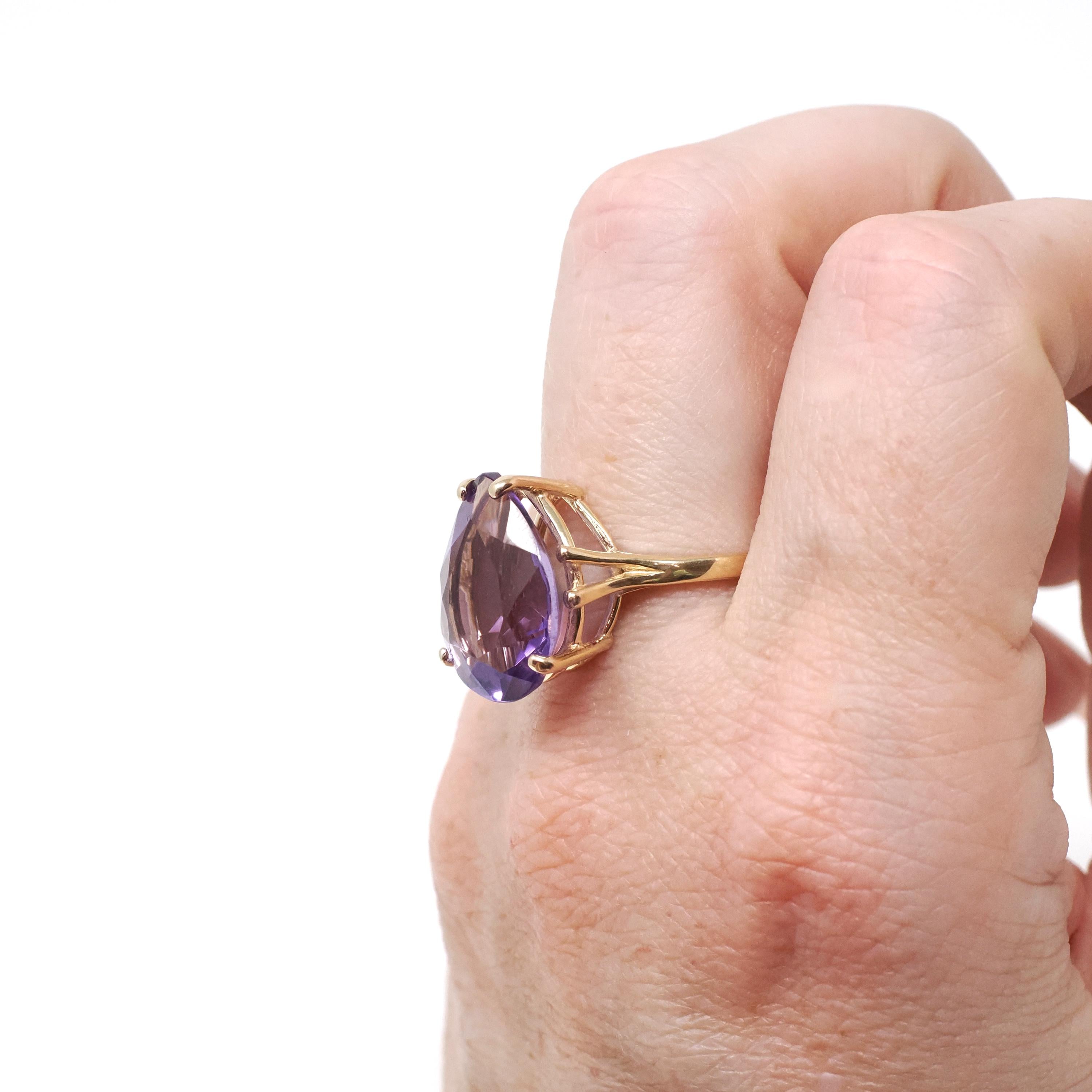 Amethyst Solitaire Ring - Modern 14k Yellow Gold Natural Pear Cut 8.00 CT Gemstone - Circa 2000s Size 9 1/4 February Birthstone Fine Jewelry