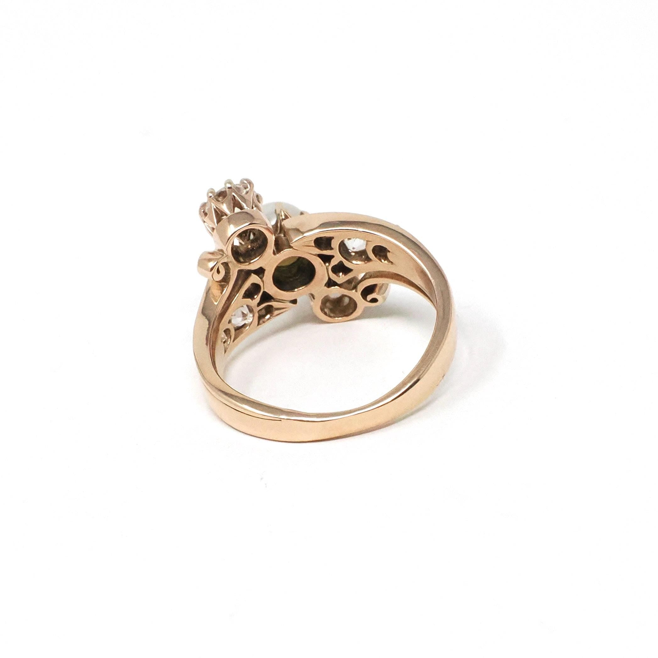 Victorian Bypass Ring - Antique 14k Rosy Yellow Gold Natural Diamonds & Cultured Pearl - Circa 1890s Era Size 3 3/4 Three Stone Fine Jewelry