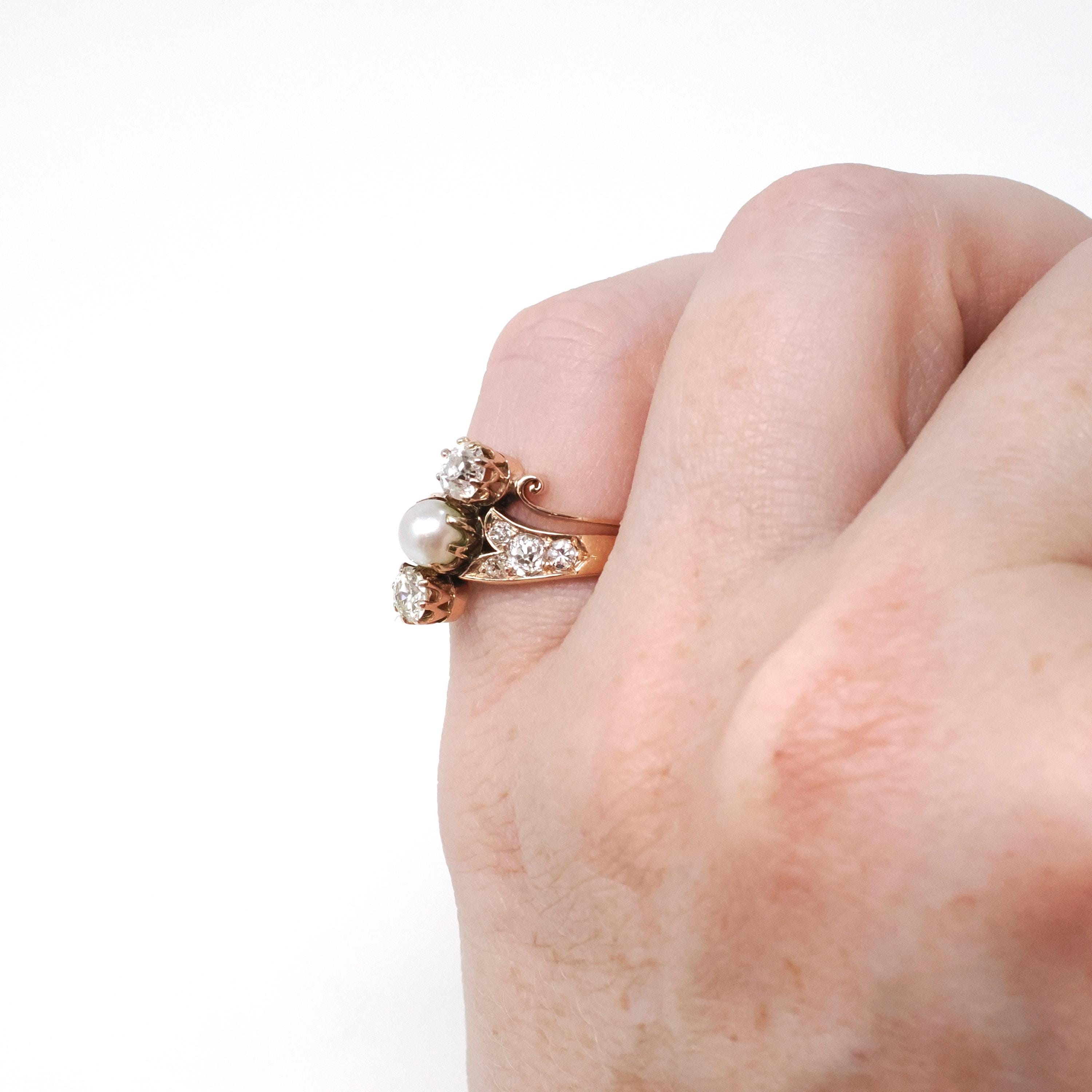 Victorian Bypass Ring - Antique 14k Rosy Yellow Gold Natural Diamonds & Cultured Pearl - Circa 1890s Era Size 3 3/4 Three Stone Fine Jewelry