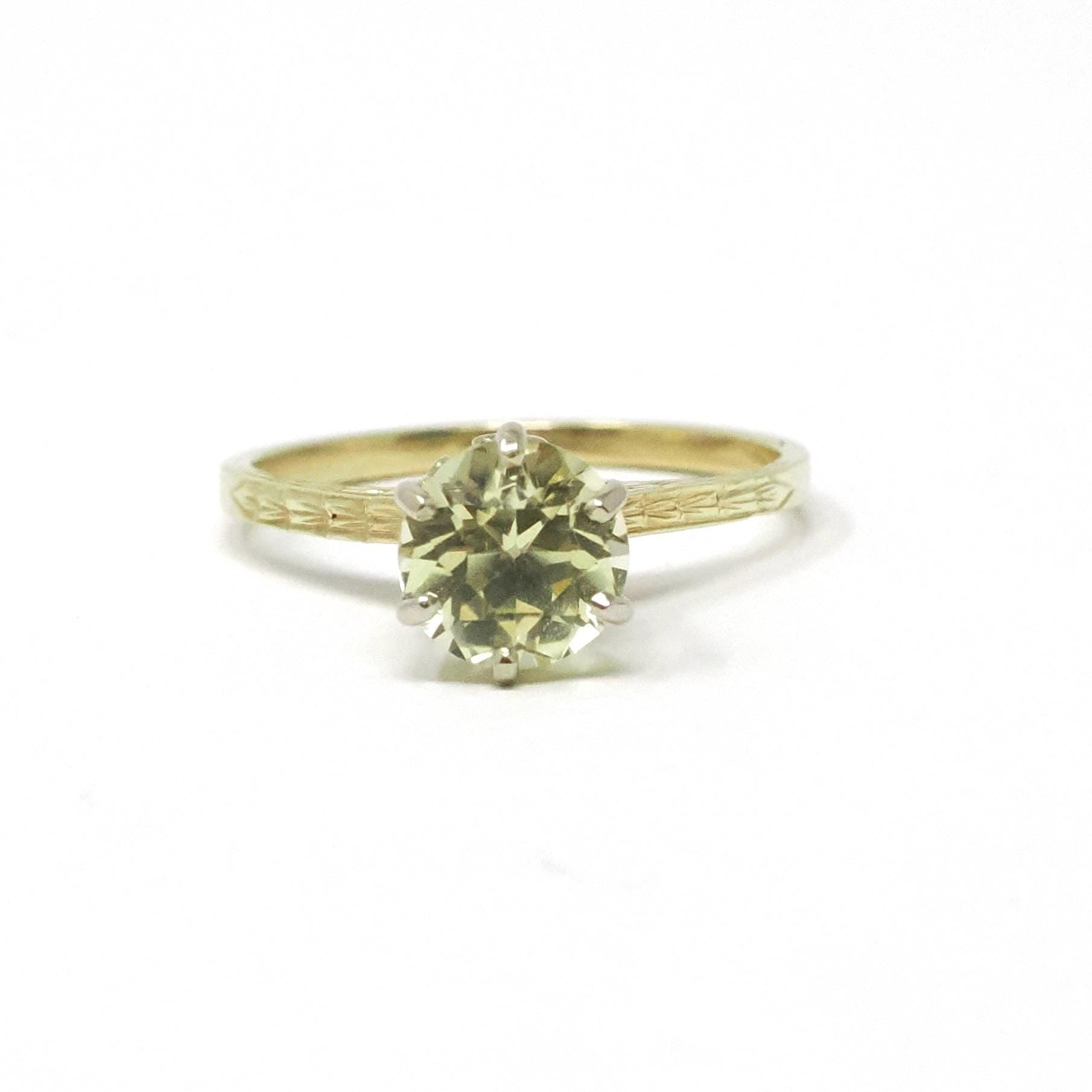 Art Deco Solitaire Engagement Ring - Vintage 18k Yellow & White Gold Tall Prong Created Green Sapphire Gem - Circa 1930s Size 5 1/4 Jewelry