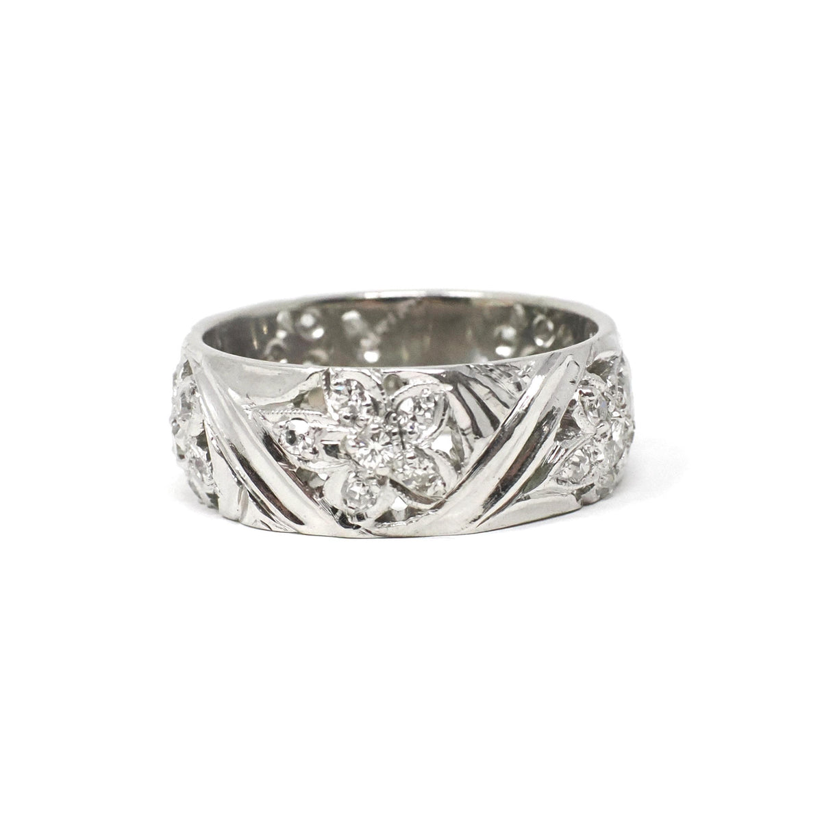 Diamond Cigar Band - Vintage 14k White Gold .53 CTW Wide Pierced Flower Ring - Mid Century Circa 1950s Era Size 6 1/4 Unisex Fine Jewelry