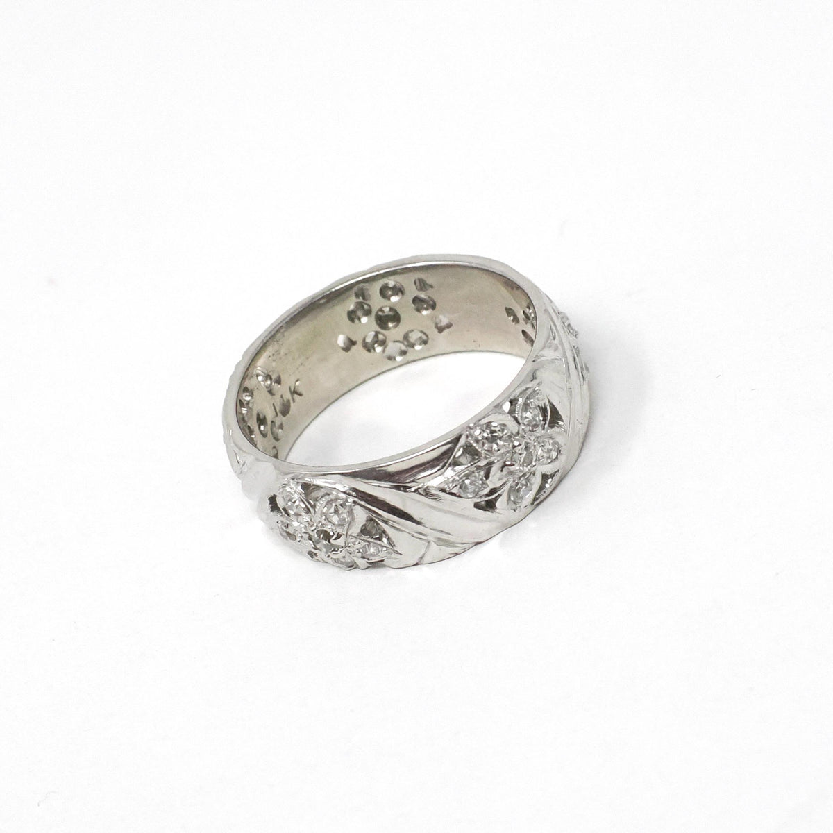 Diamond Cigar Band - Vintage 14k White Gold .53 CTW Wide Pierced Flower Ring - Mid Century Circa 1950s Era Size 6 1/4 Unisex Fine Jewelry