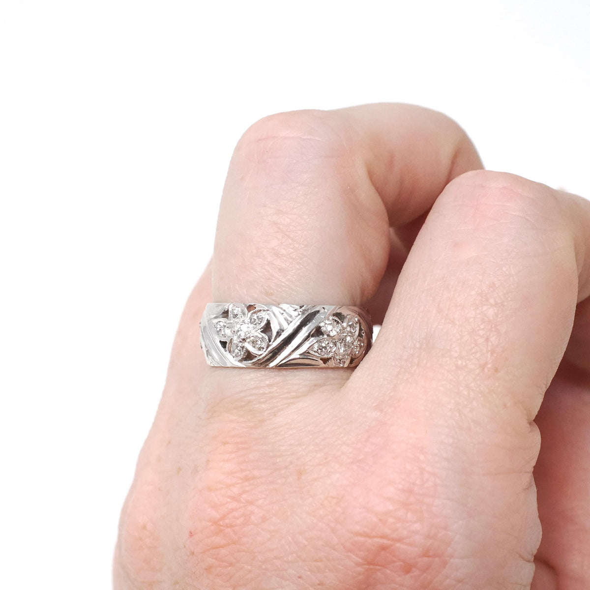 Diamond Cigar Band - Vintage 14k White Gold .53 CTW Wide Pierced Flower Ring - Mid Century Circa 1950s Era Size 6 1/4 Unisex Fine Jewelry