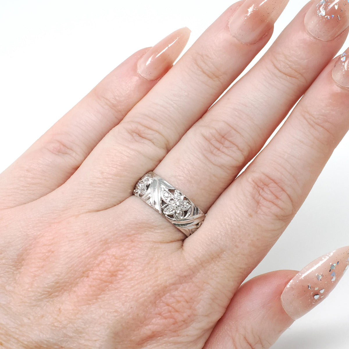 Diamond Cigar Band - Vintage 14k White Gold .53 CTW Wide Pierced Flower Ring - Mid Century Circa 1950s Era Size 6 1/4 Unisex Fine Jewelry