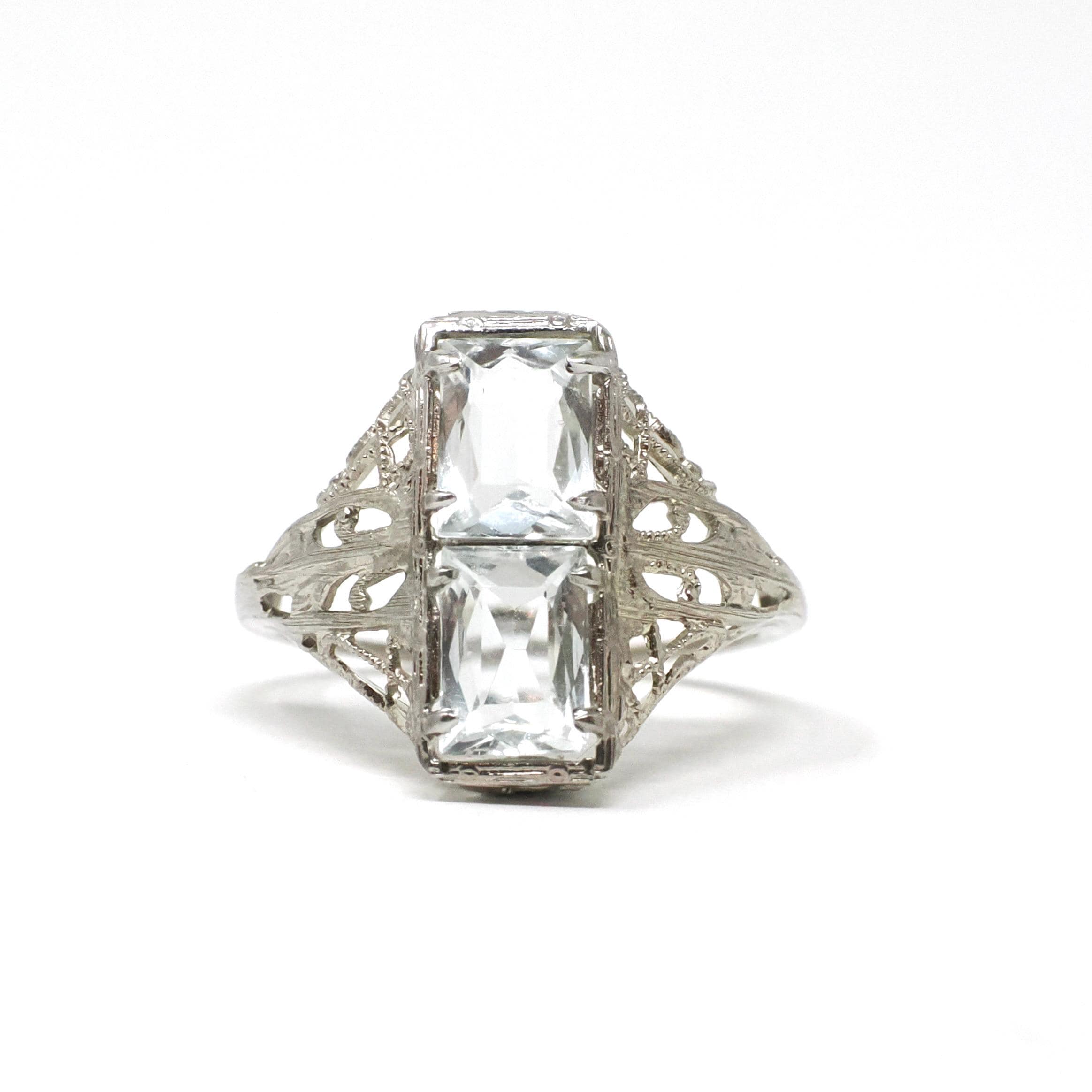 Vintage Aquamarine Ring - Art Deco 14k White Gold Natural Blue Hourglass Stacked Gemstones - Circa 1930s Era Size 6.5 Filigree Fine Jewelry