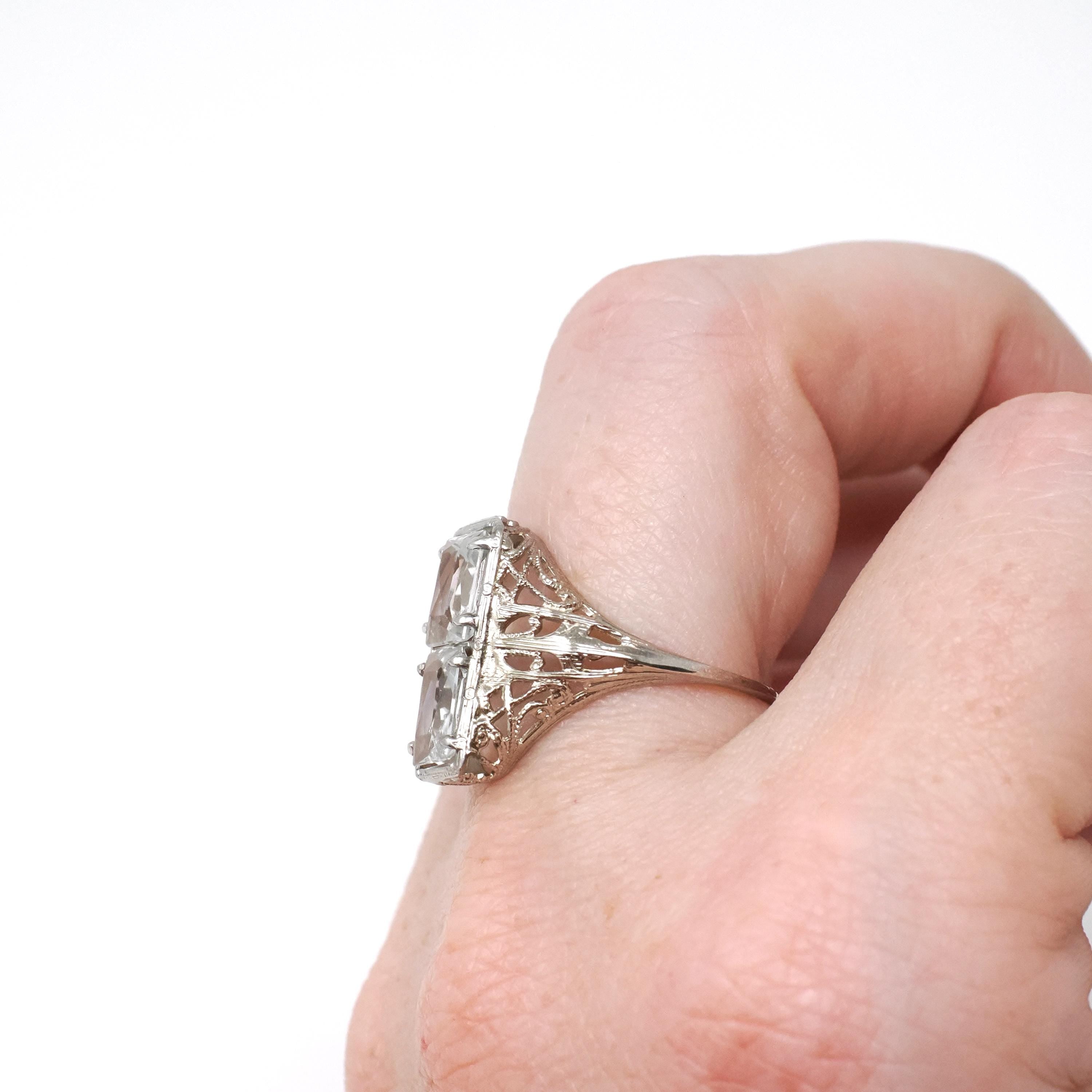 Vintage Aquamarine Ring - Art Deco 14k White Gold Natural Blue Hourglass Stacked Gemstones - Circa 1930s Era Size 6.5 Filigree Fine Jewelry
