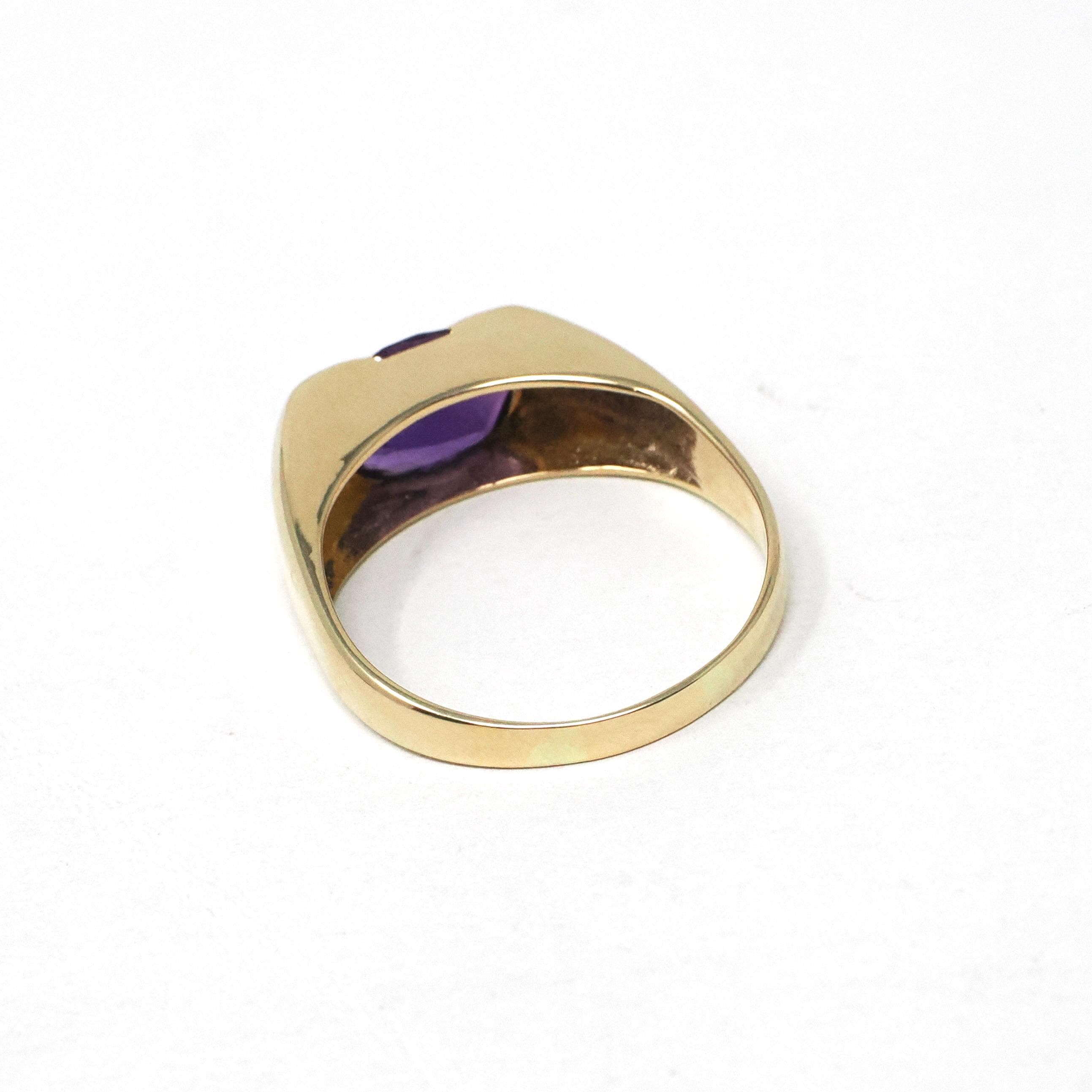 Modern Amethyst Ring - Estate 14k Yellow Gold Natural Purple Gemstone East West Half Bezel - 2000s Era Size 7.75 February Birthstone Jewelry