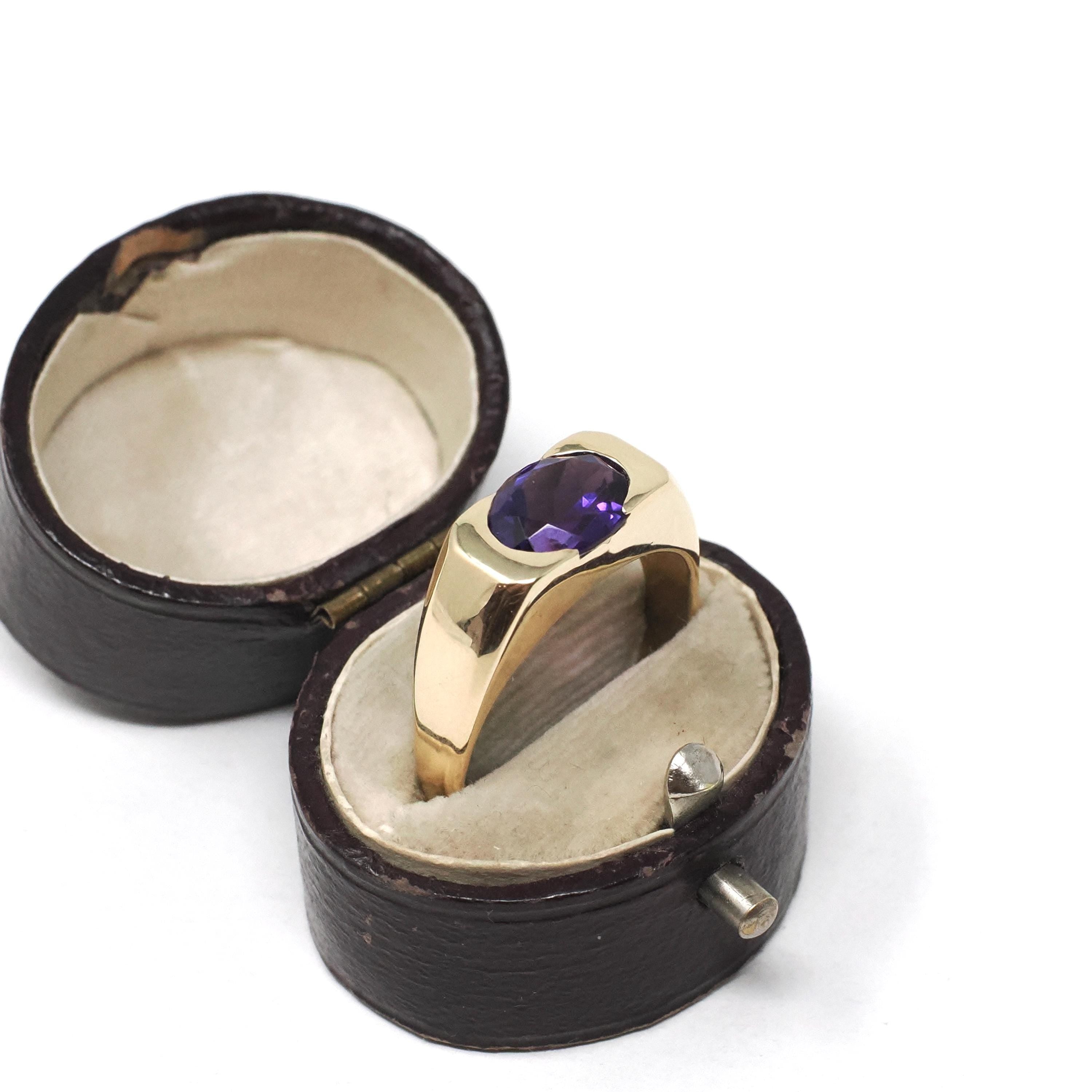 Modern Amethyst Ring - Estate 14k Yellow Gold Natural Purple Gemstone East West Half Bezel - 2000s Era Size 7.75 February Birthstone Jewelry