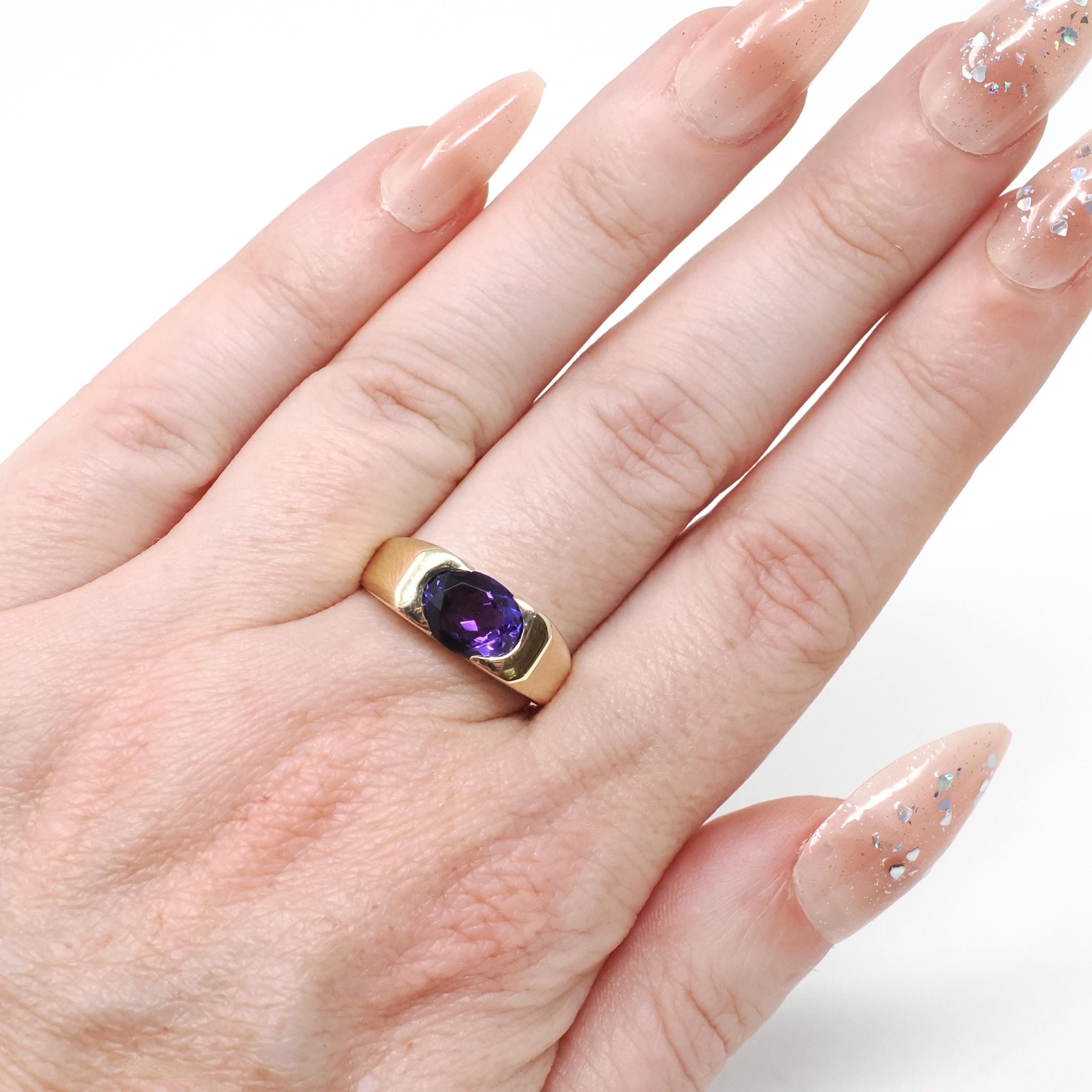 Modern Amethyst Ring - Estate 14k Yellow Gold Natural Purple Gemstone East West Half Bezel - 2000s Era Size 7.75 February Birthstone Jewelry