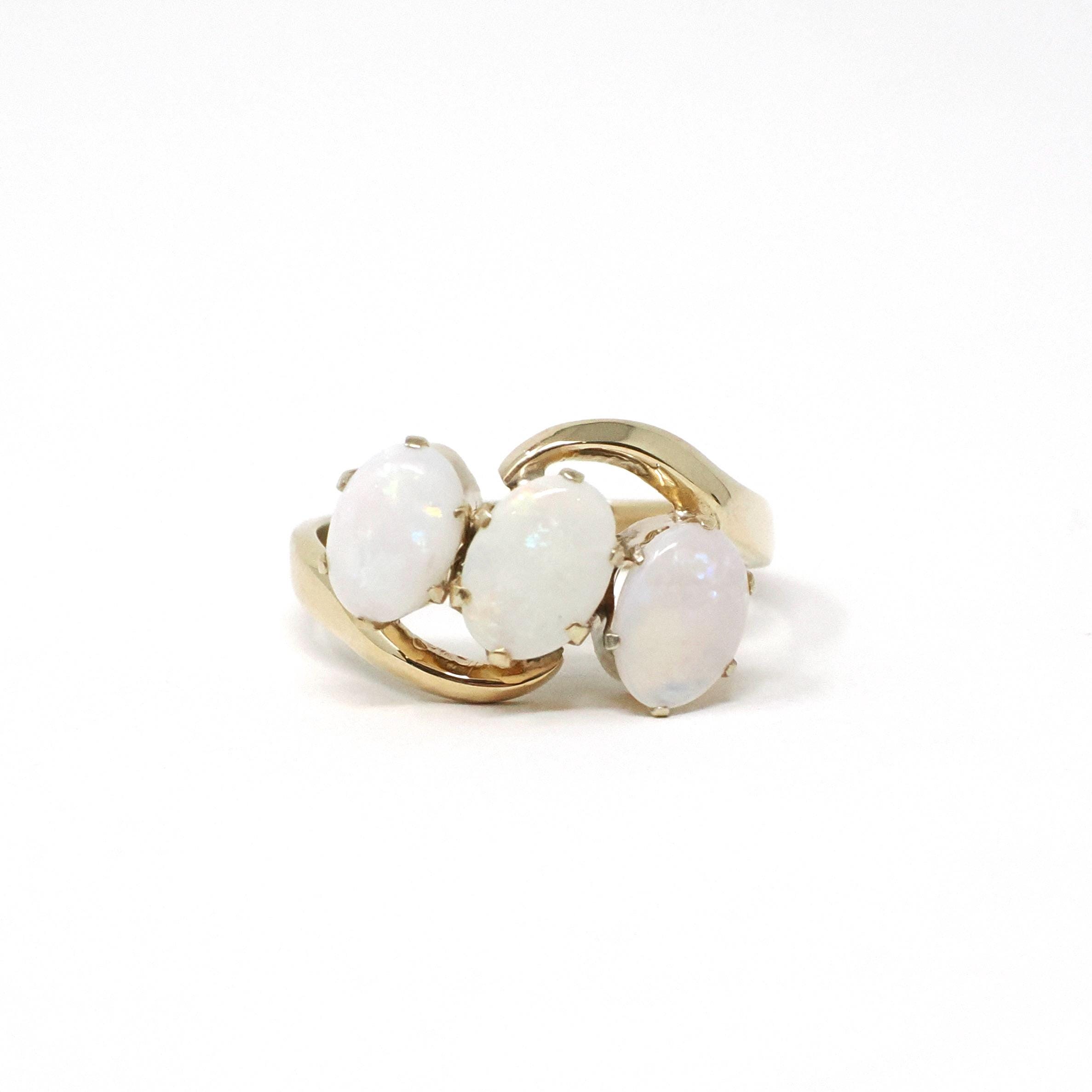 Opal Bypass Ring - Vintage 10k Yellow Gold Natural Cabochon Cut Three Gemstone Band - Modern Estate Size 5 3/4 October Birthstone Jewelry