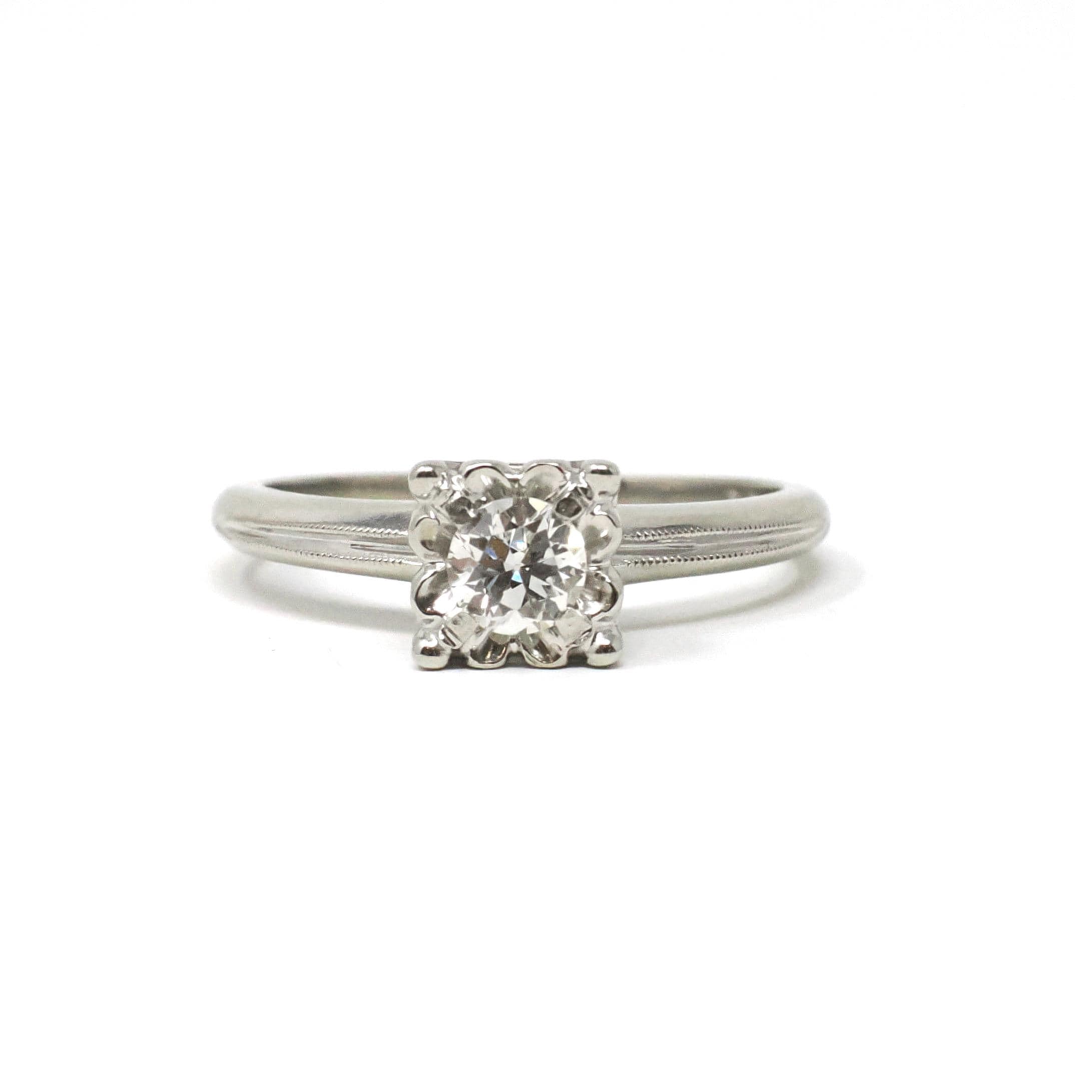 Mid Century Diamond Ring - Vintage 14k White Gold Natural .30 CT Engagement - Circa 1950s Era Size 6 3/4 Illusion Solitaire Fine Jewelry