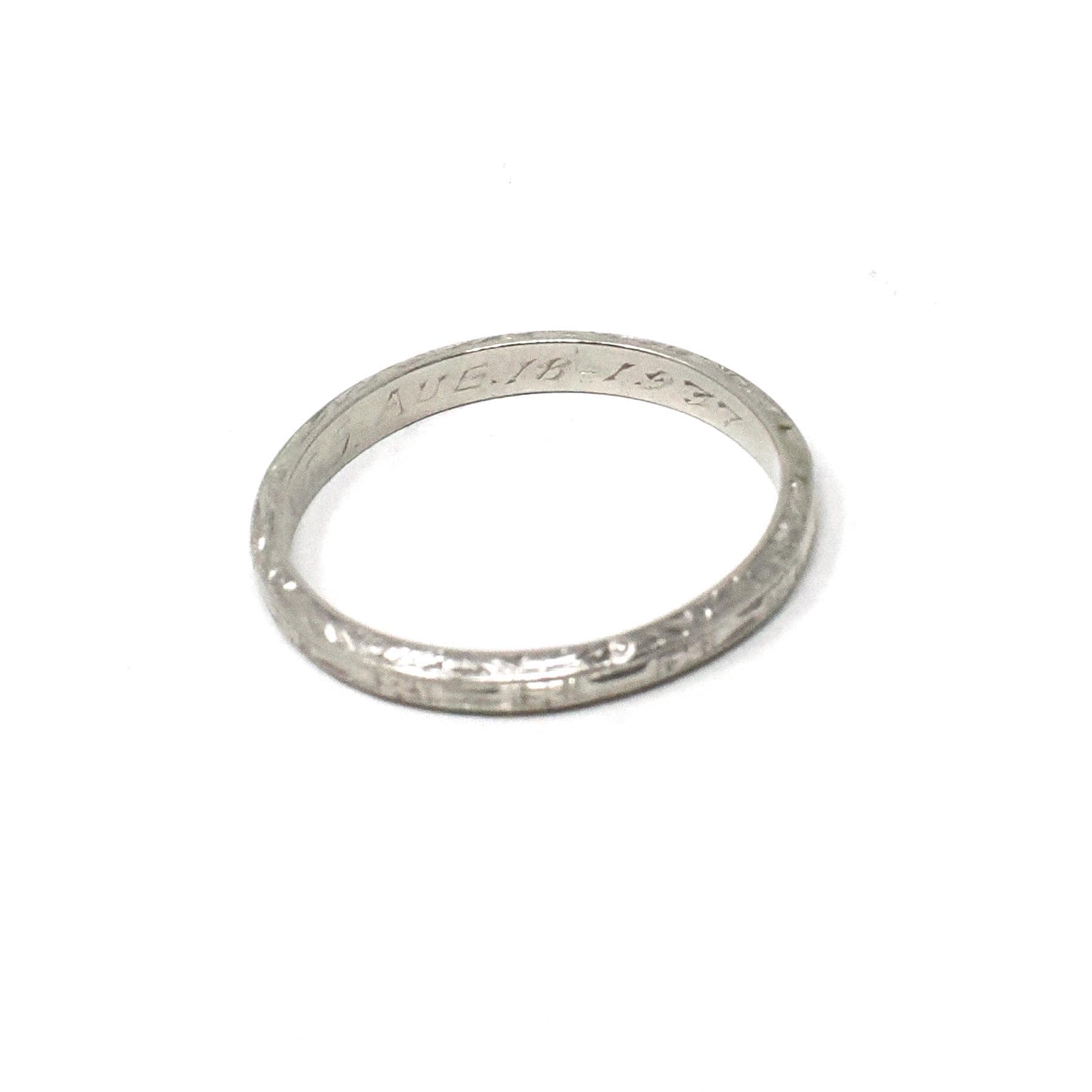Vintage Wedding Band - Art Deco Era Platinum Engraved Flower Milgrain 2.1 MM Eternity Ring - Dated 1937 Size 4.75 Bridal Floral Fine Jewelry