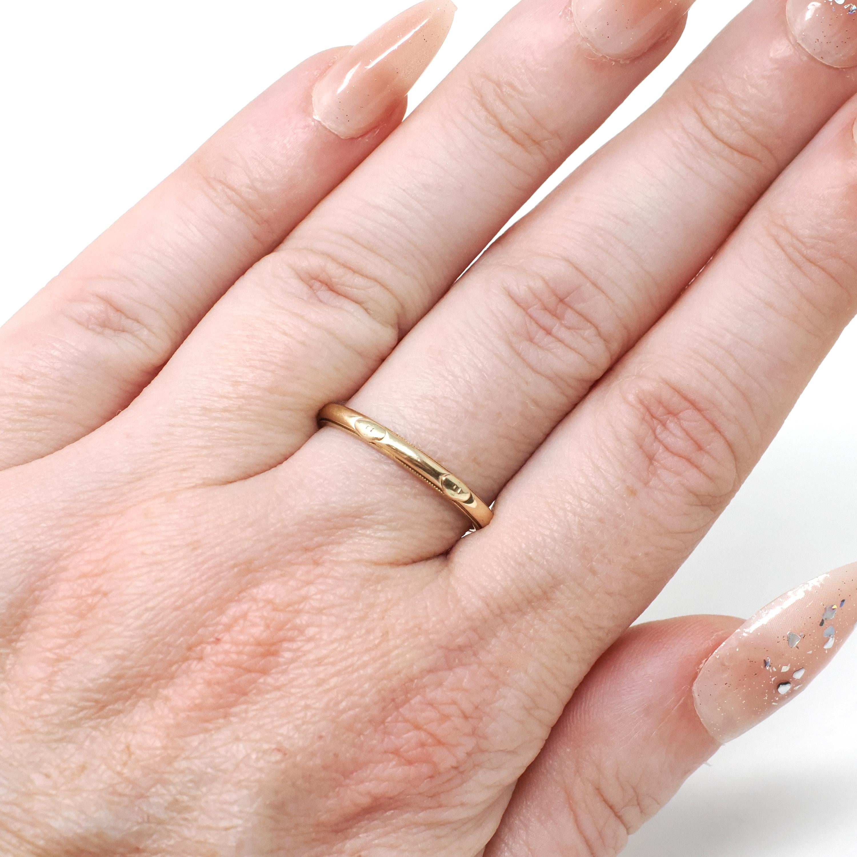 Vintage Wedding Band - Mid Century 14k Yellow Gold Milgrain Stacking Ring - Dated 1948 Size 6 3/4 Art Carved JR Wood Unisex Fine 40s Jewelry