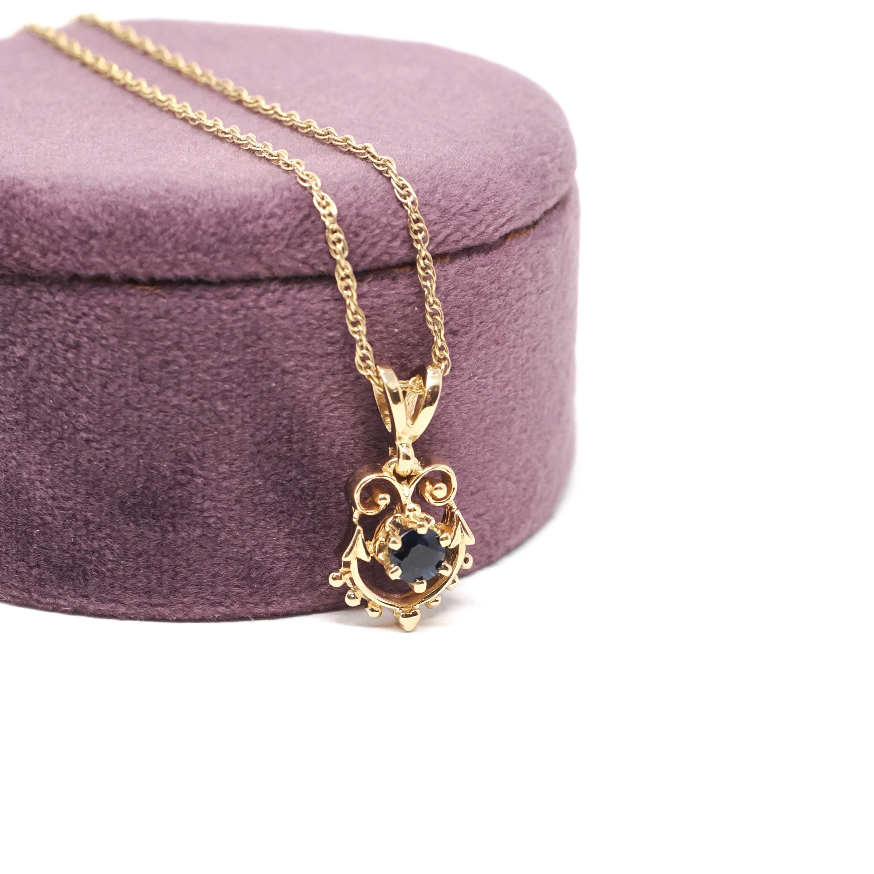 Modern Sapphire Charm - Estate 14k Yellow Gold Natural Blue Gemstone Pendant Necklace - Circa 2000s Era Dainty Open Metal Gem Fine Jewelry