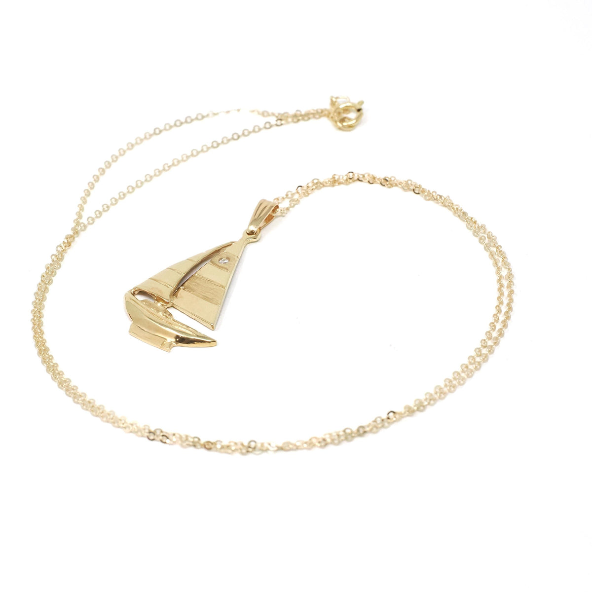 Diamond Sailboat Pendant - Estate 14k Yellow Gold Natural Gemstone Necklace Charm - Modern 2000's Era Sailing Boating Nautical Fine Jewelry
