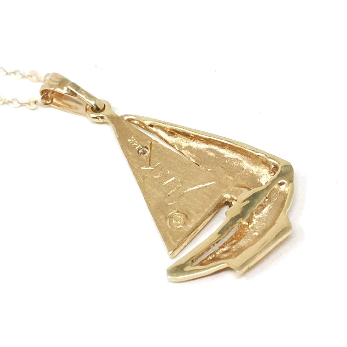 Diamond Sailboat Pendant - Estate 14k Yellow Gold Natural Gemstone Necklace Charm - Modern 2000's Era Sailing Boating Nautical Fine Jewelry